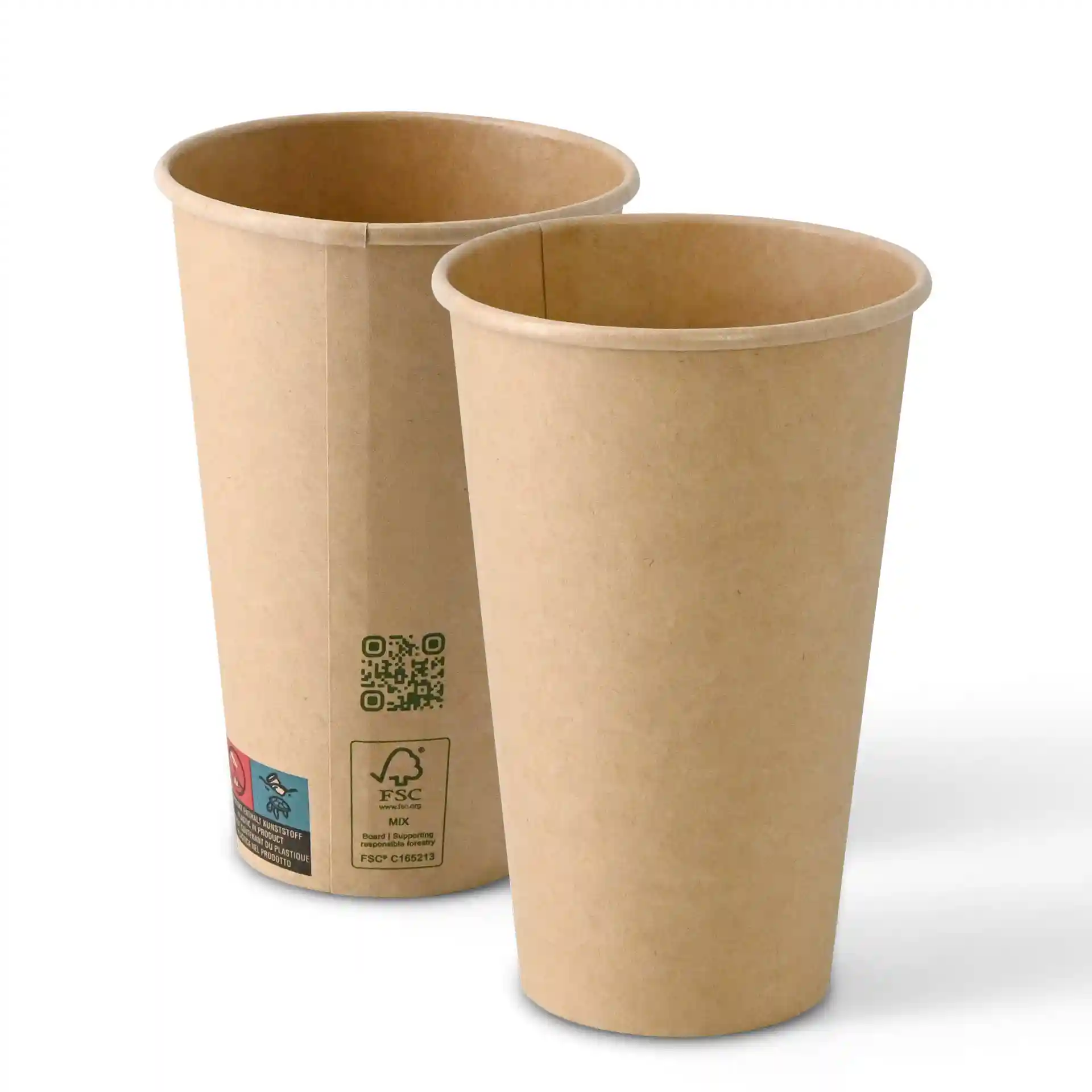 Brązowy papierowy kubek z pojedynczą ścianką, pojemność 400 ml i średnica 90 mm, pokazany z dwóch kątów.