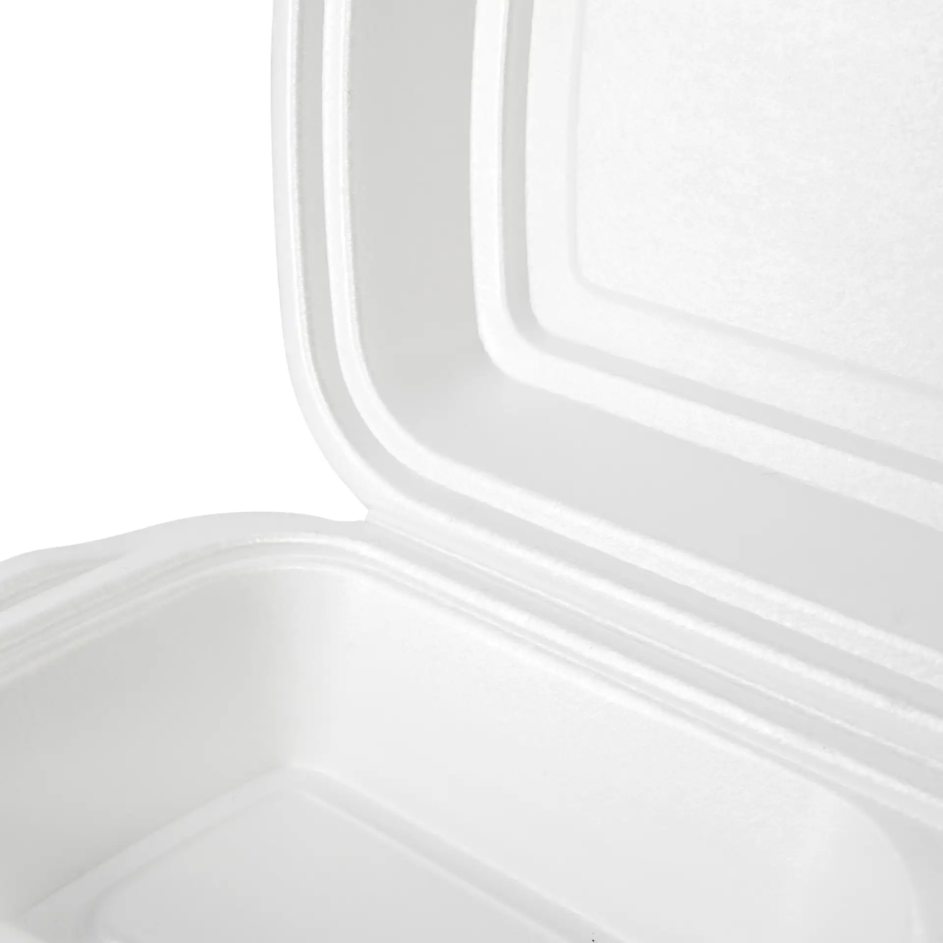 Biały styropianowy pojemnik na wynos z zawiasową pokrywką, otwarty widok z boku.