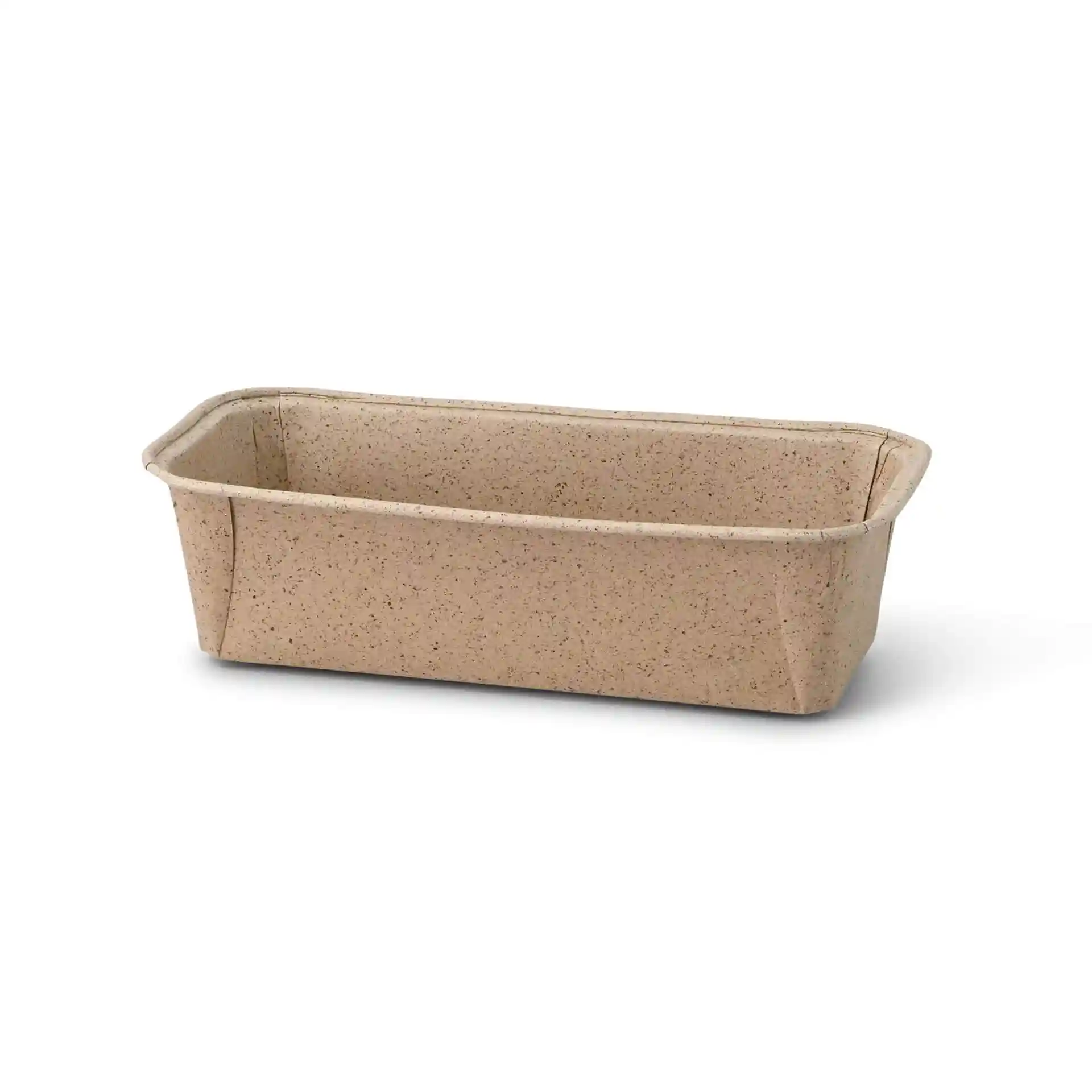 Prostokątna forma do pieczenia z brązowego papieru kakaowego, o wymiarach 20 × 7 × 6 cm.