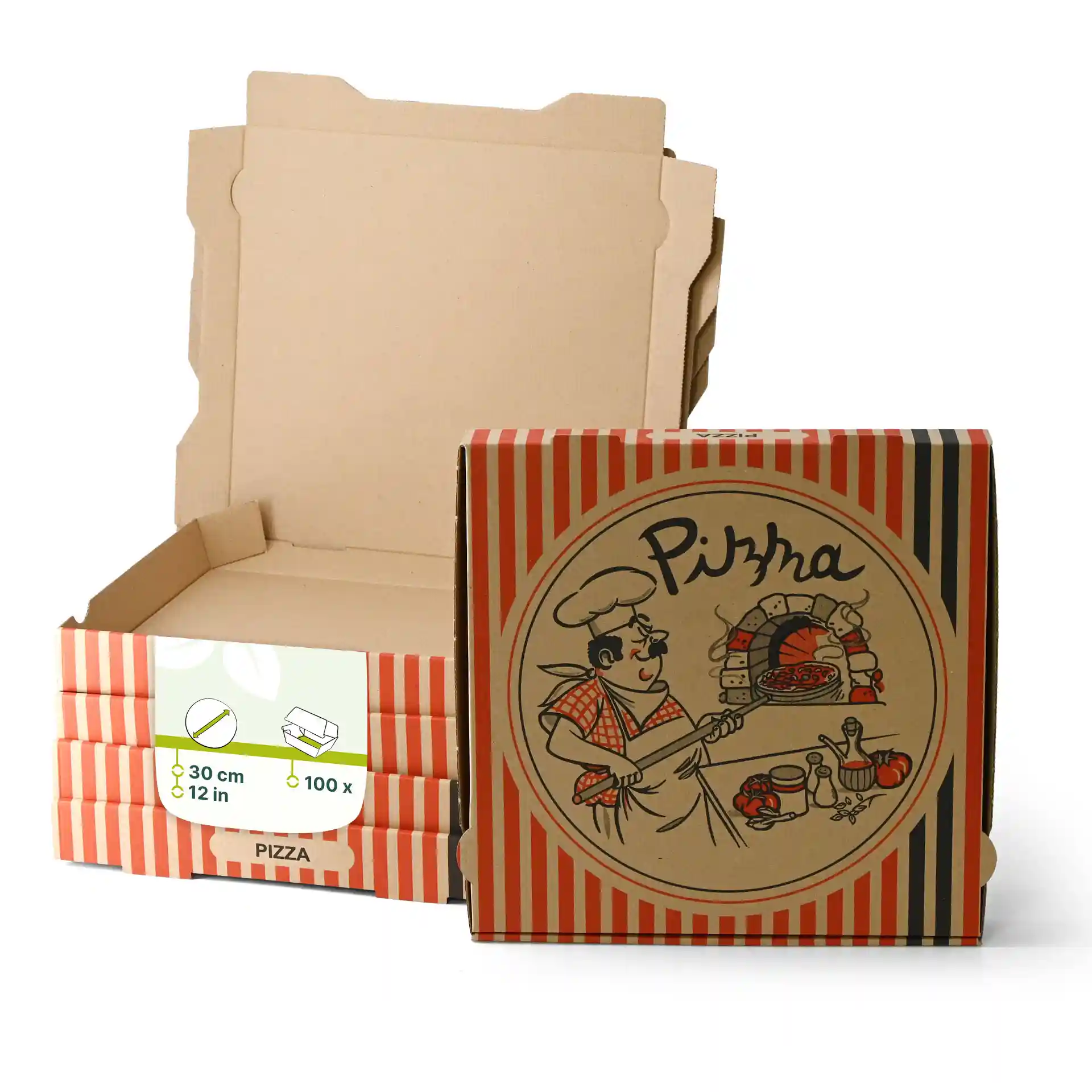 Pudełko na pizzę z wzorem szefa kuchni, wymiary 30 x 30 x 4 cm, z kilkoma prostymi pudełkami ułożonymi za nim.