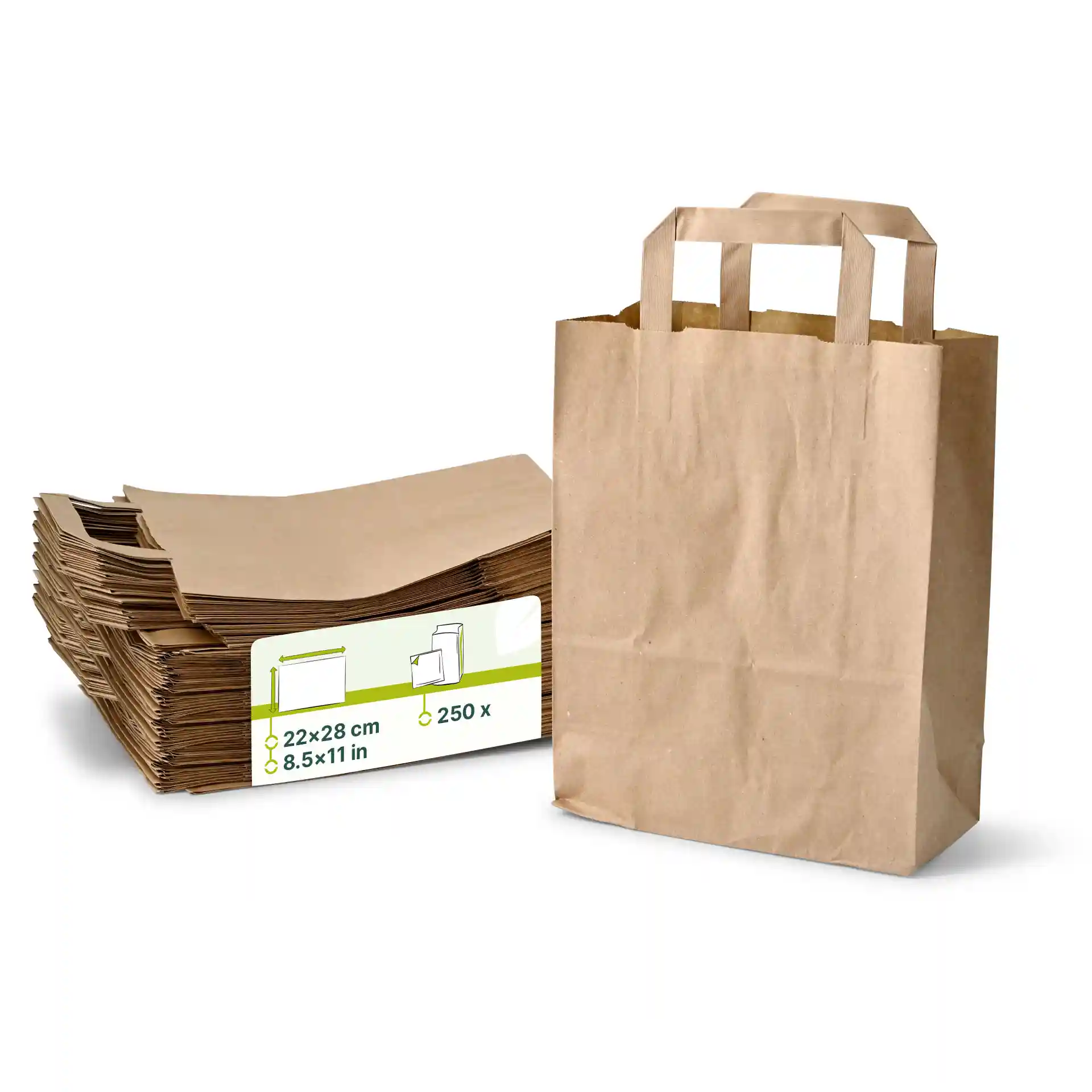 Brązowa torba papierowa z uchwytami obok stosu płaskich brązowych arkuszy, pokazuje wymiary i etykietę ilości.
