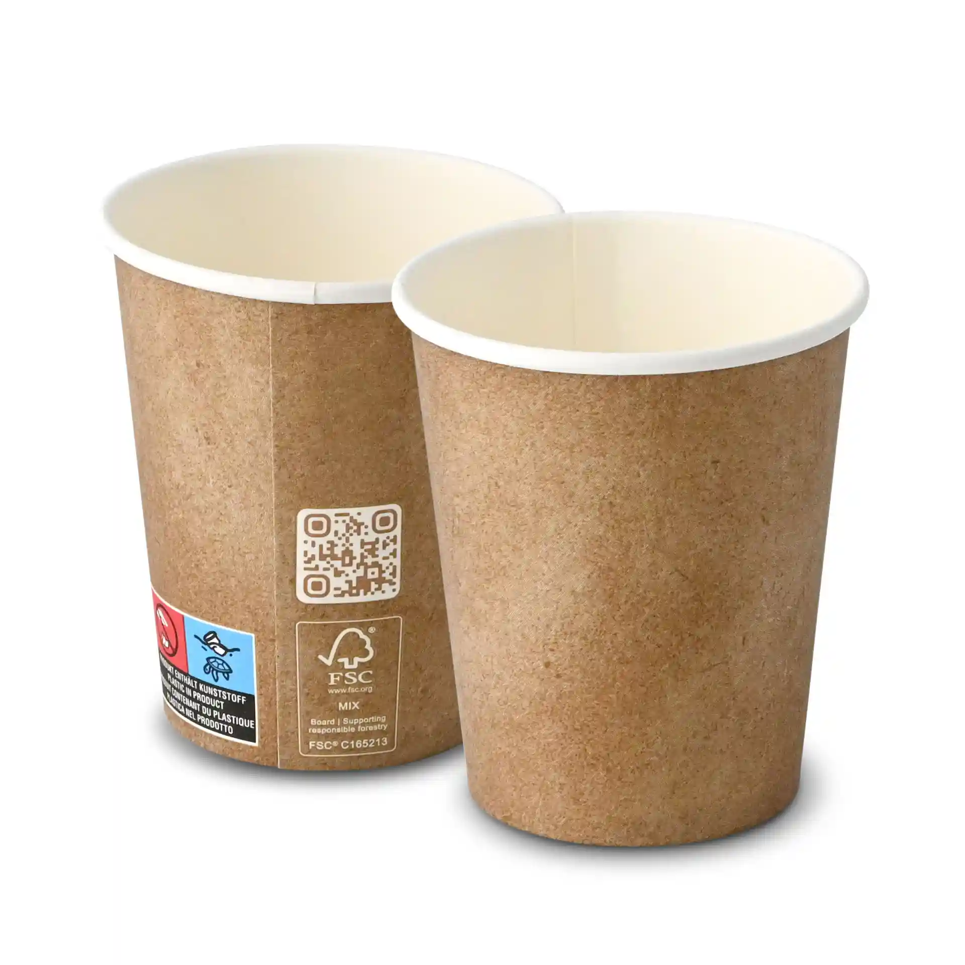 Brązowy kubek papierowy z białym wnętrzem, jednolita ścianka, pojemność 200 ml i średnica 80 mm.