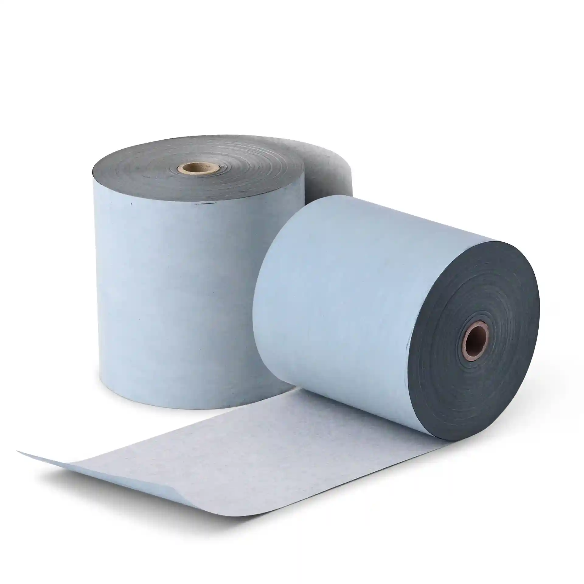 Dwa rolki szarego papieru termicznego, każda o średnicy 80 mm, jedna częściowo rozwinięta.