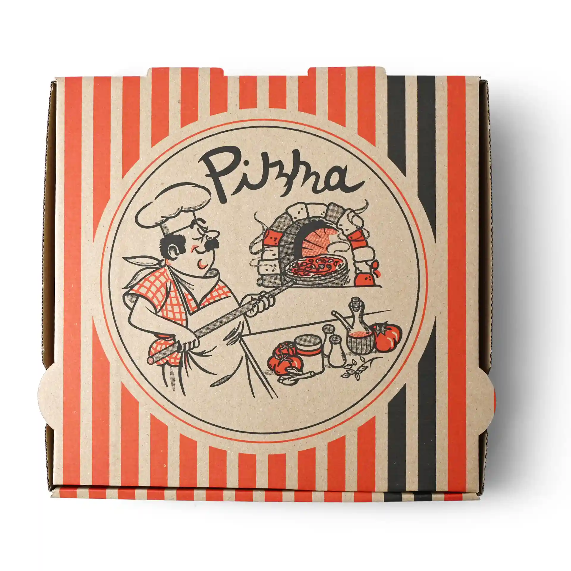 Pudełko na pizzę z wzorem kucharza pizzy, brązowy karton, wymiary 26 x 26 x 4 cm.