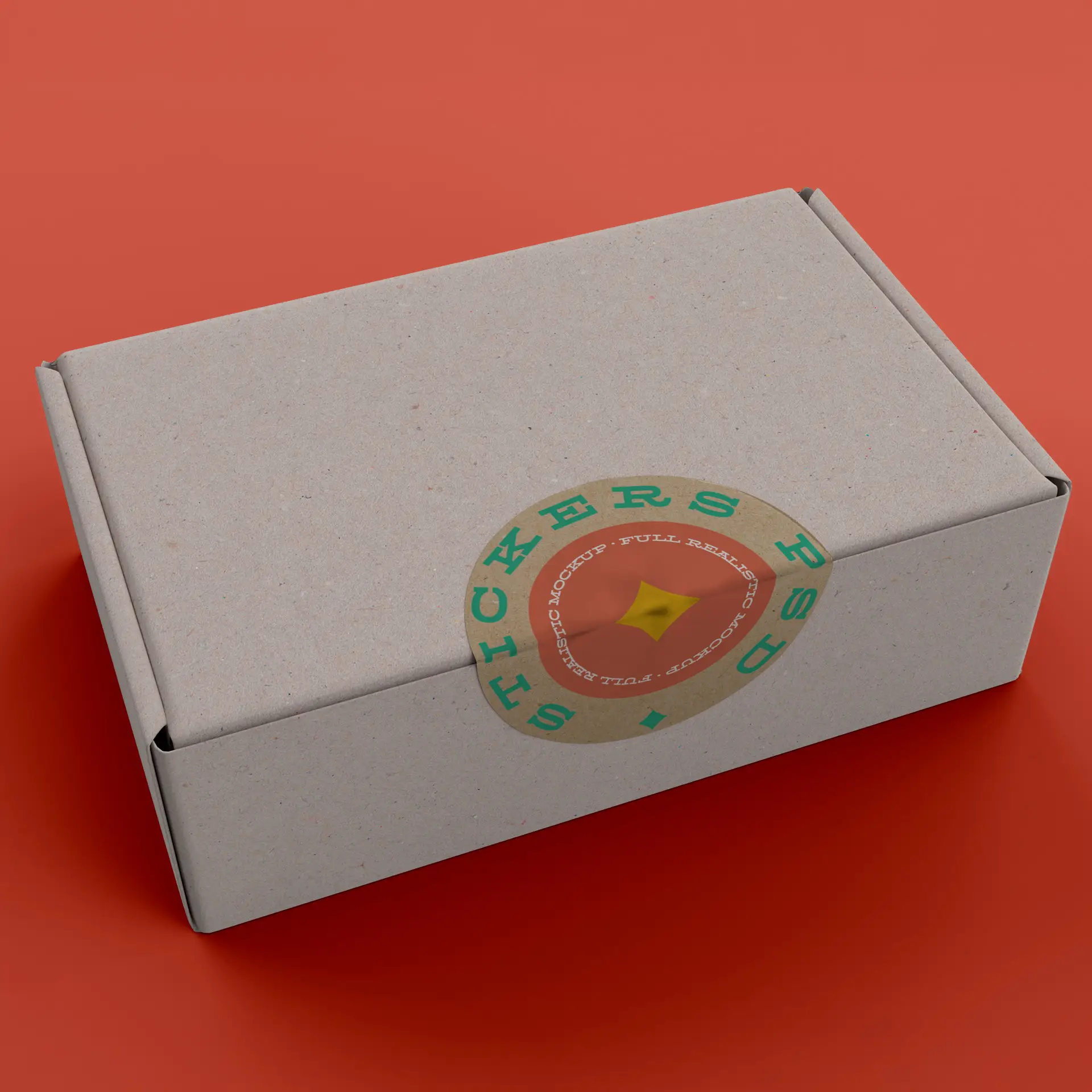 Brąskowa pudełko z papieru kraft z okrągłą etykietą z nadrukiem zawierającą wzór i słowo "STICKERS".