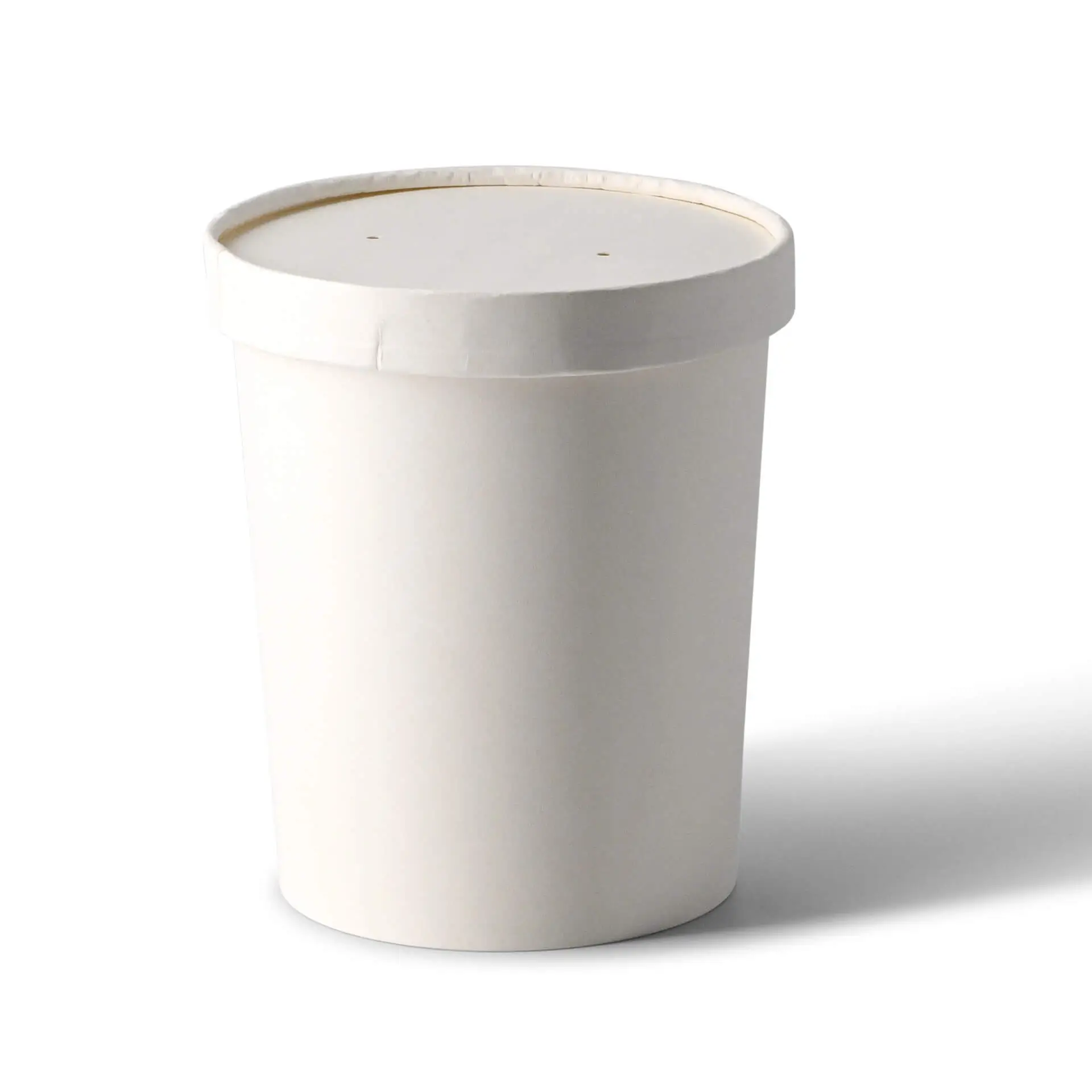 Biały kartonowy pojemnik z pokrywką membranową, odpowiedni do gorących potraw; zaprojektowany do ekologicznego użytku i na wynos.