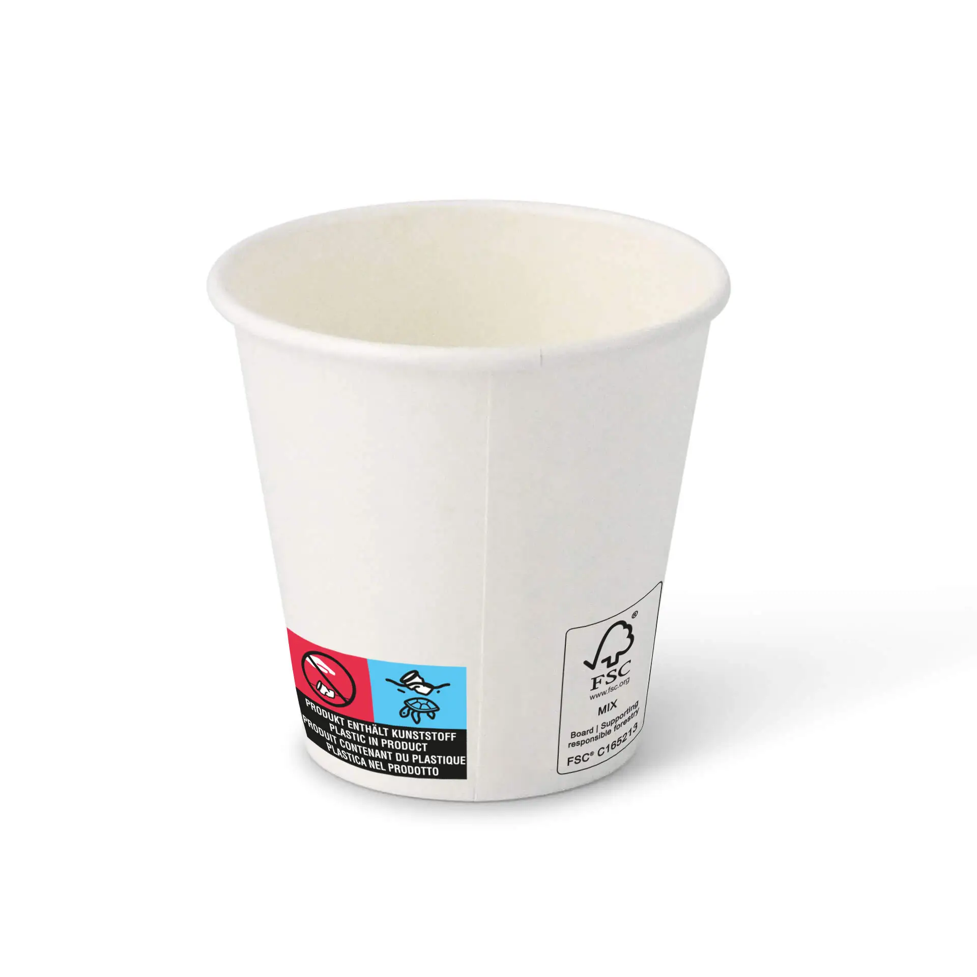 Biały papierowy kubek o okrągłym kształcie, pojemność 6 oz, z widoczną etykietą z symbolami z boku.