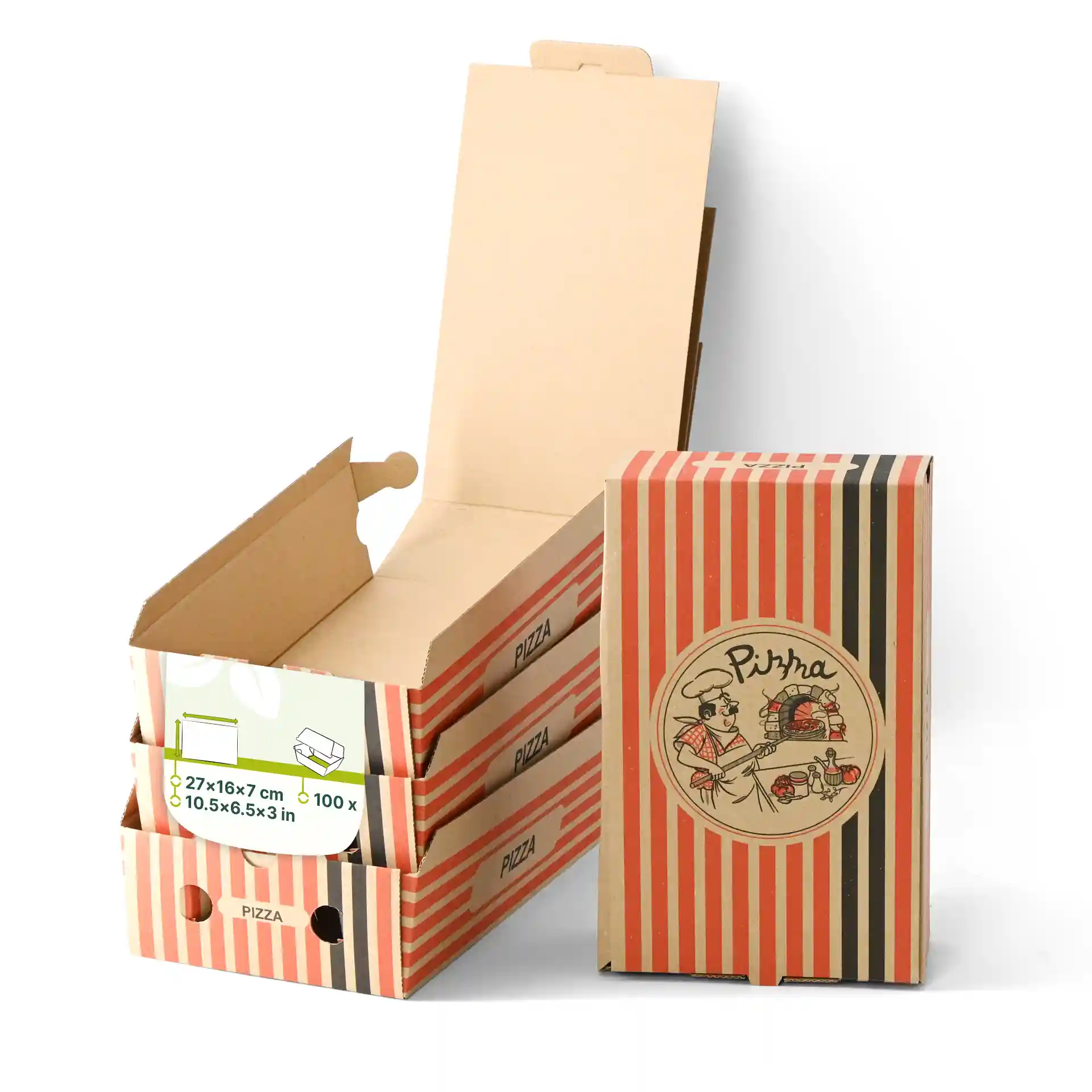 Brązowe pudełka na pizzę z wzorem kucharza pizzy, o wymiarach 27 x 16 x 7 cm, ułożone z jednym otwartym.