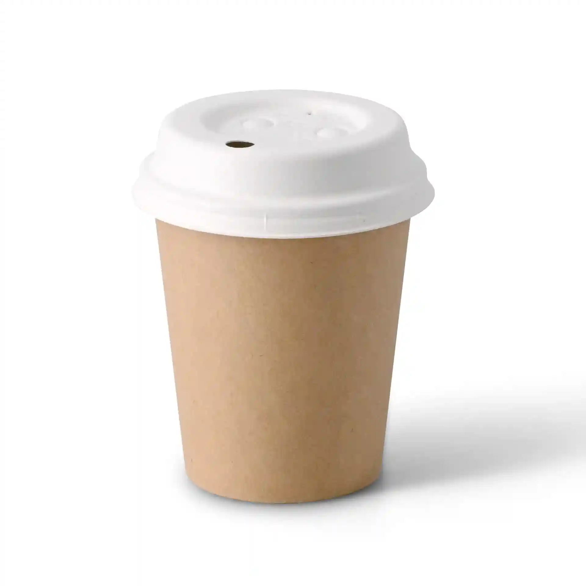 Brązowy papierowy kubek z białą pokrywką, jednolita ścianka, pojemność 200 ml, wysokość 90 mm i średnica 80 mm.