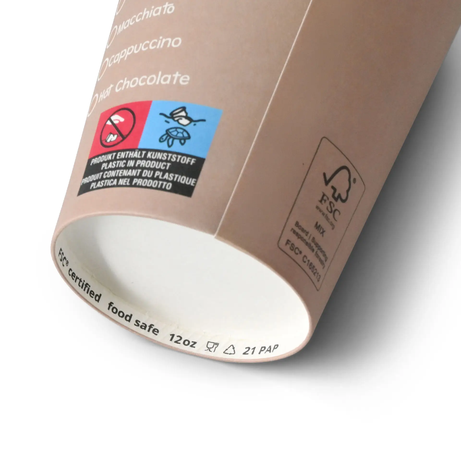 Okrągły papierowy kubek 12 oz z nadrukowanym wzorem, pokazujący szczegóły wnętrza i dna, w tym symbole i etykiety recyklingu.