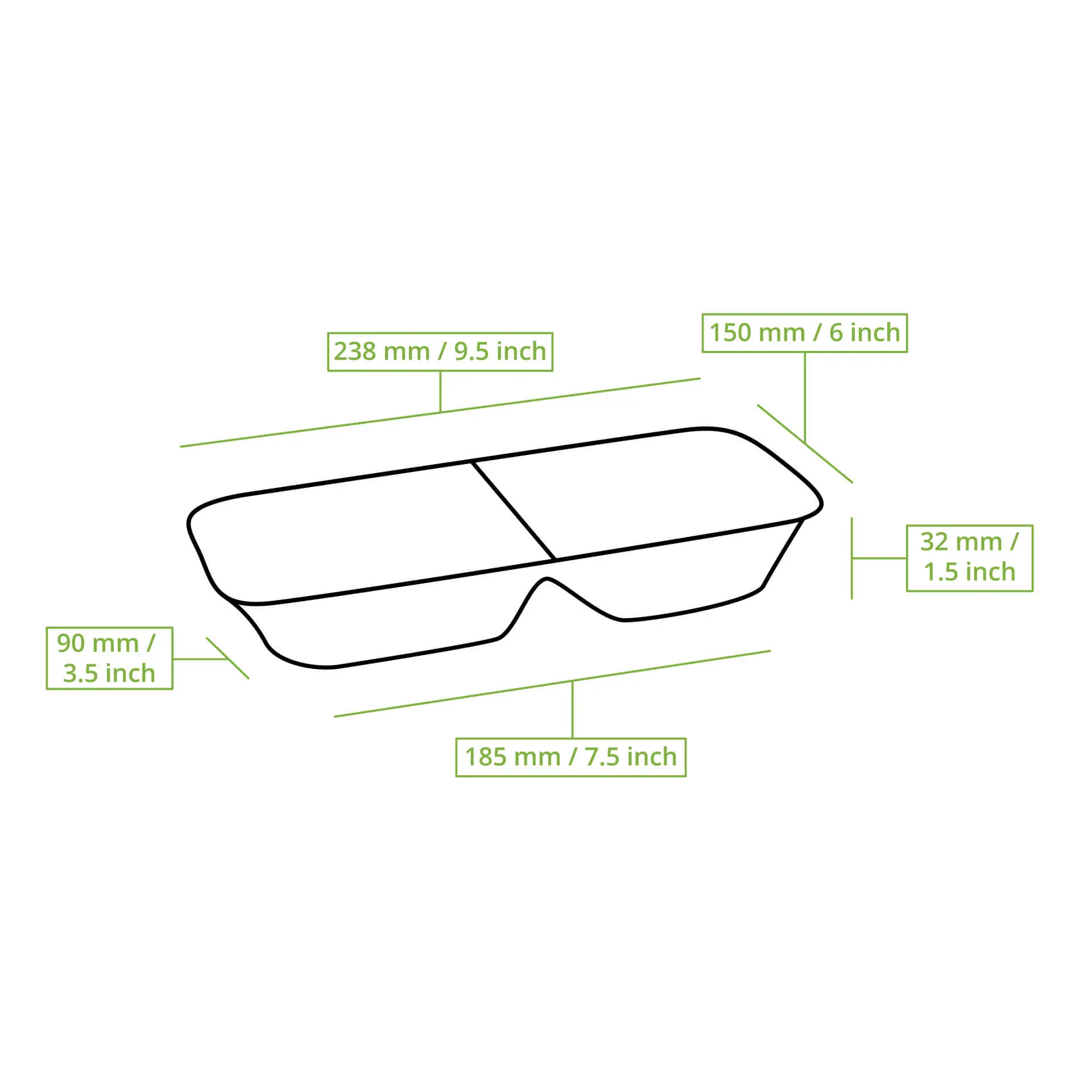 Prostokątny talerz menu z liścia palmowego z dwoma przegródkami; wymiary 238 mm x 150 mm x 32 mm. Lekki i odporny na tłuszcz.
