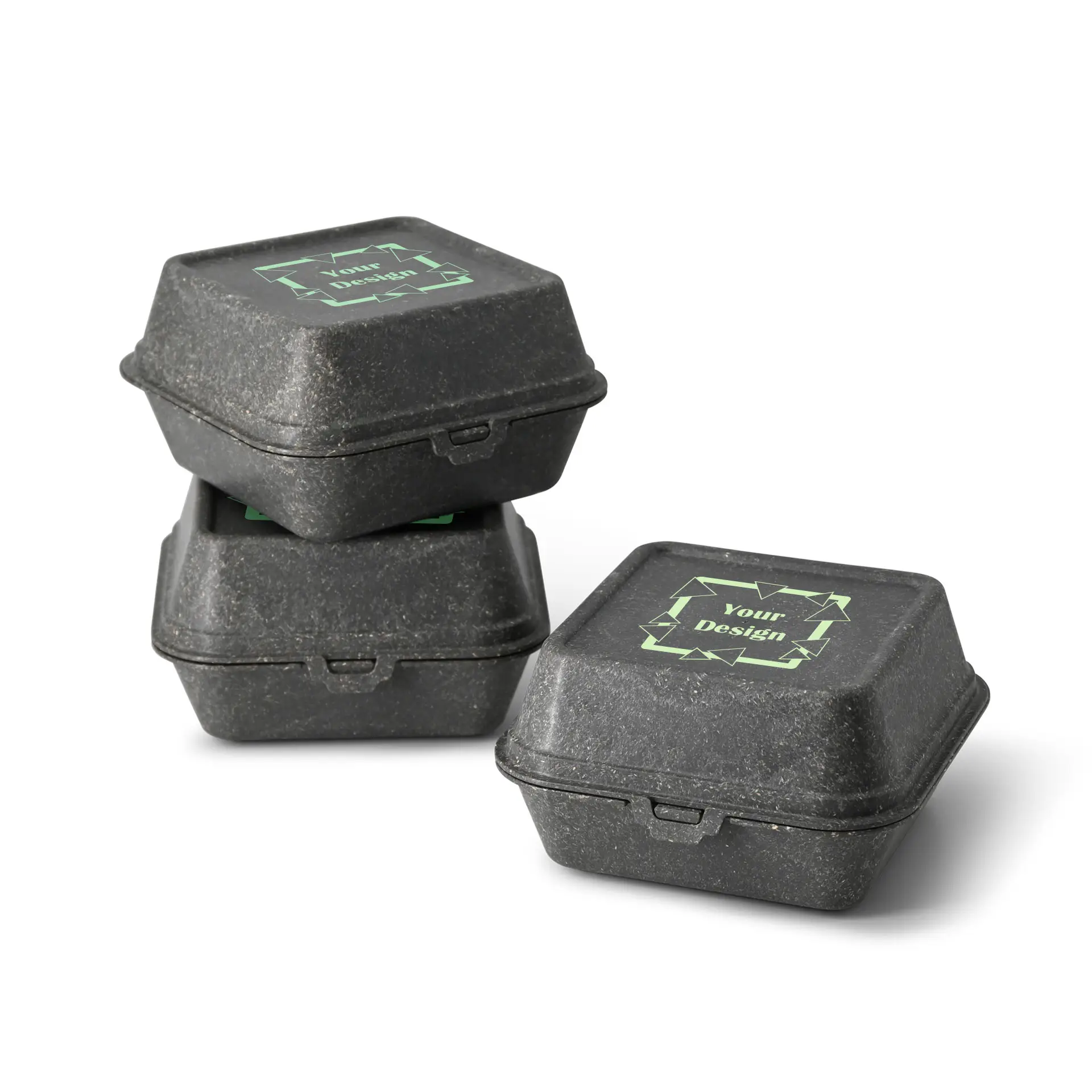 Nadruk na wielokrotnego użytku pudełkach na burgery, 16 x 15 x 8,5 cm, szare, jednostronny nadruk