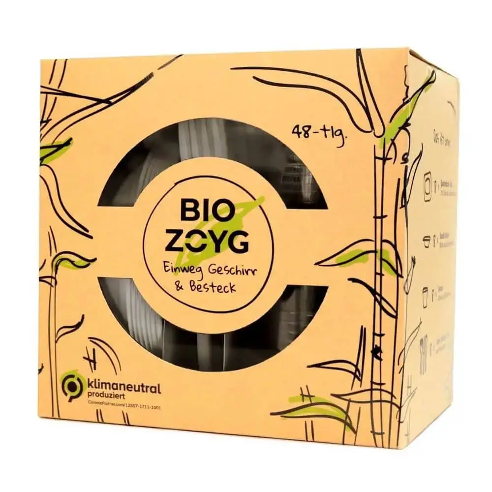 Opakowanie 48-elementowego zestawu grillowego dla 8 osób, z sztućcami CPLA, miskami z trzciny cukrowej, talerzami i kubkami PLA.