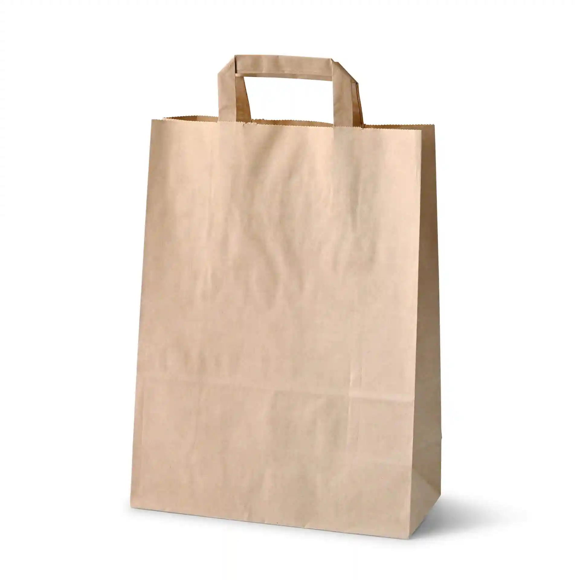 Brązowa torba papierowa kraft w prostokątnym kształcie z górnym uchwytem, o wymiarach 26 x 12 x 35 cm.
