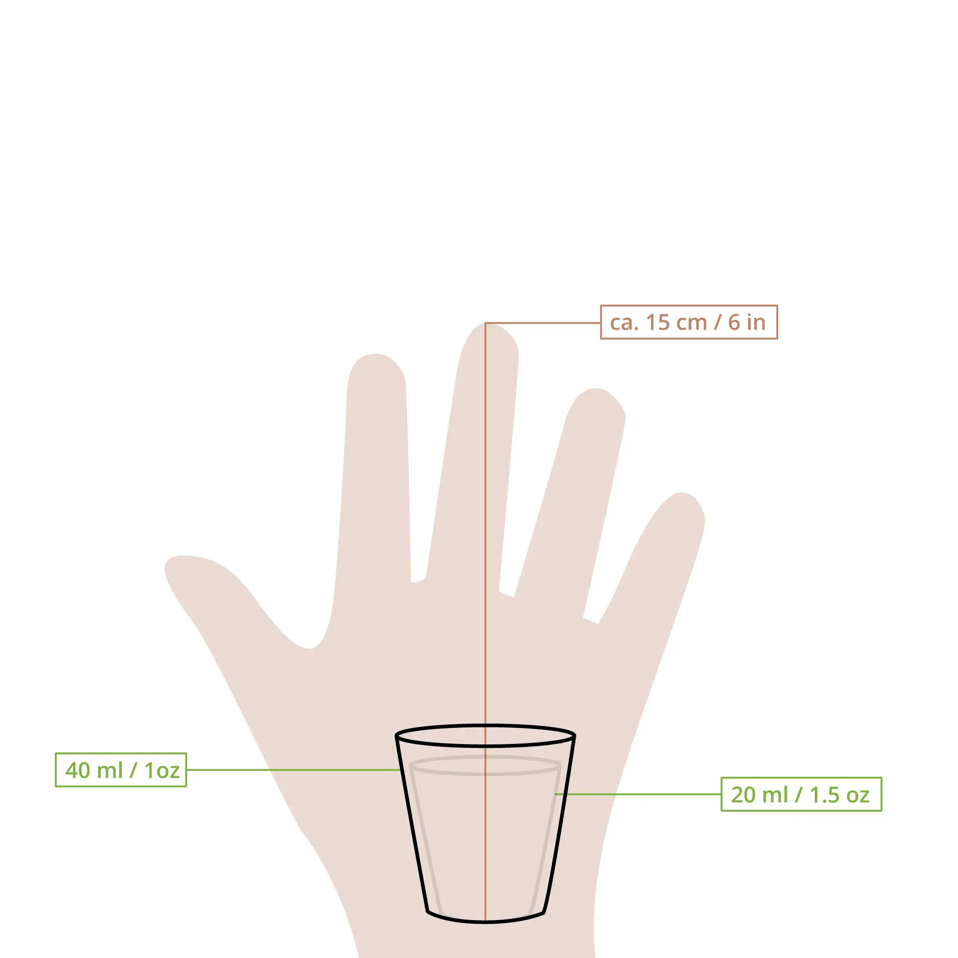 Jeden biały papierowy kubeczek trzymany w dłoni dla odniesienia wielkości; znaki kalibracyjne wskazują 20 ml i 40 ml.
