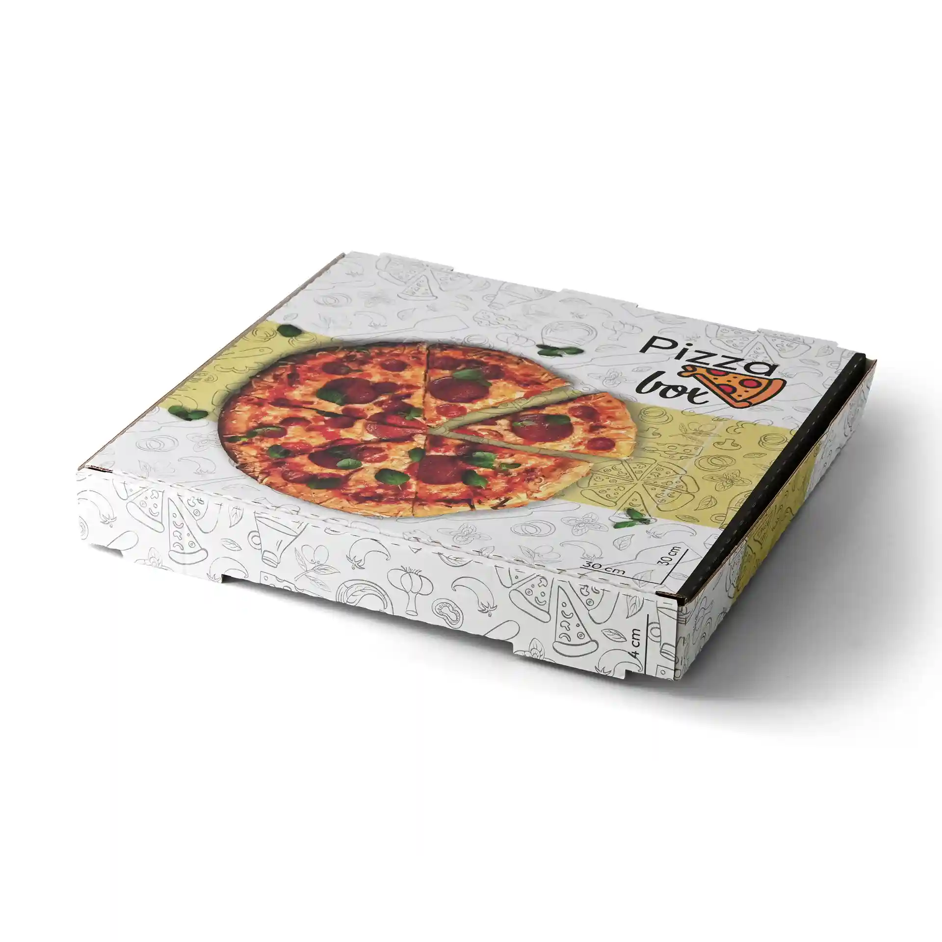 Pudełko na pizzę z nadrukiem, wymiary 30 x 30 x 4 cm, z grafiką pizzy na wieczku.