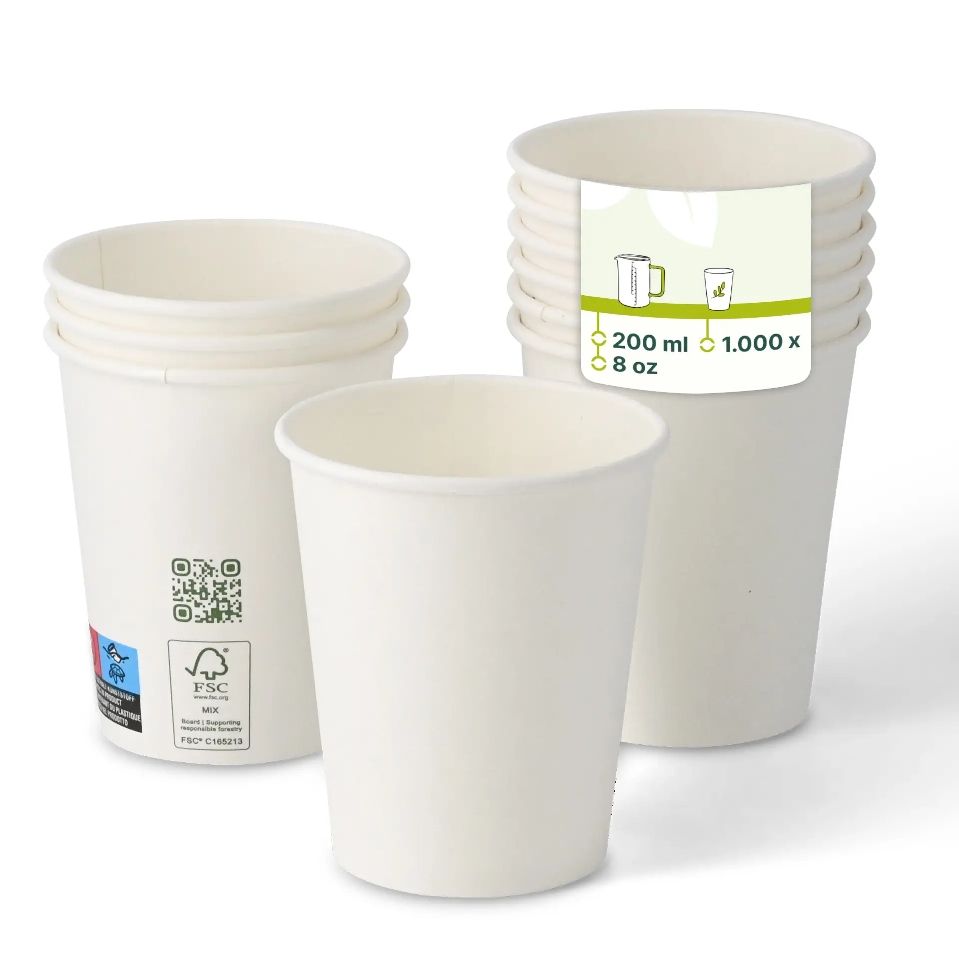 Jeden biały papierowy kubek, pojemność 200 ml, z powłoką PLA; kilka podobnych kubków w tle z obniżoną przezroczystością.