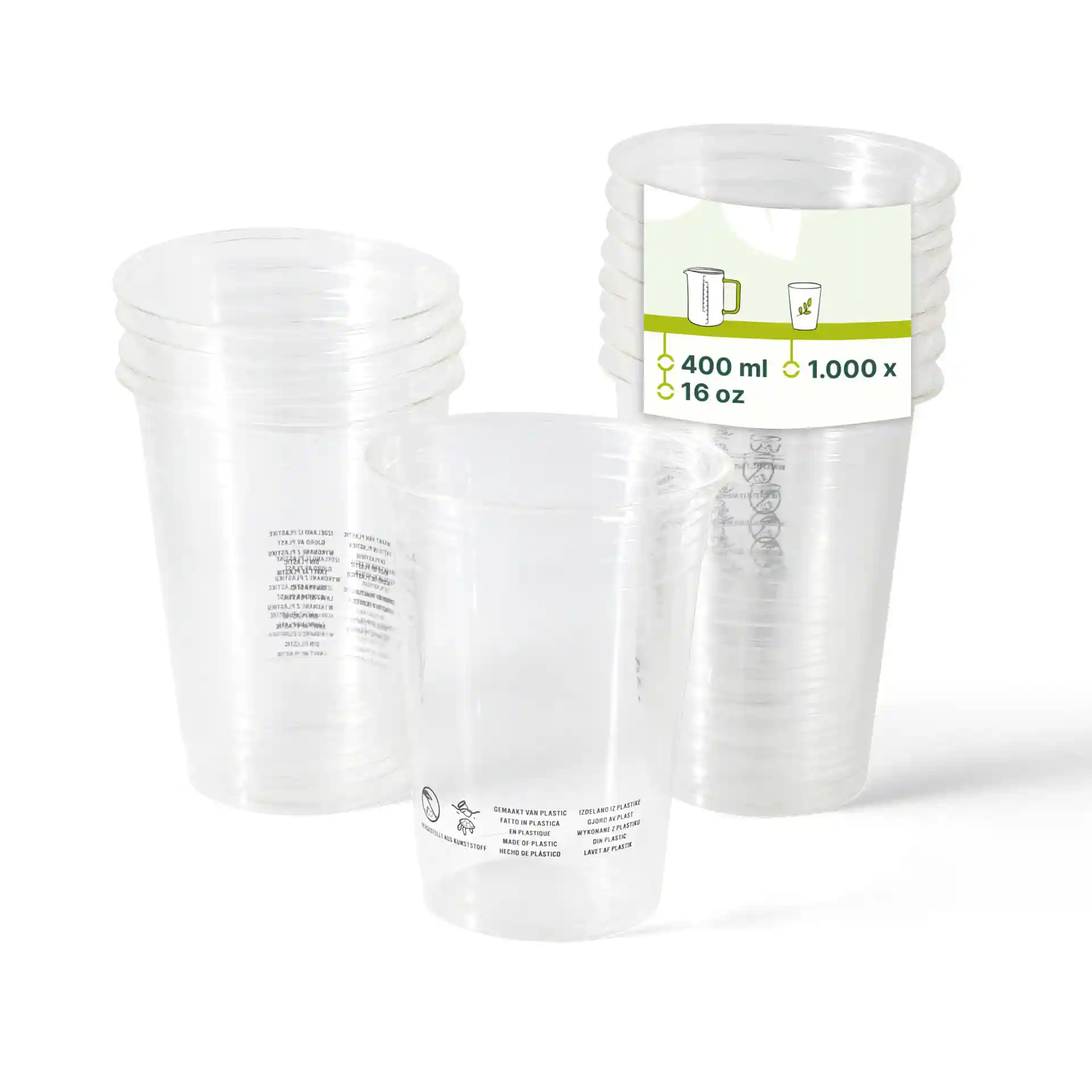 Przezroczyste kubki PLA ułożone w stos, z etykietą pokazującą pojemność 400 ml i 16 oz, z nadrukowanymi oznaczeniami na powierzchni.