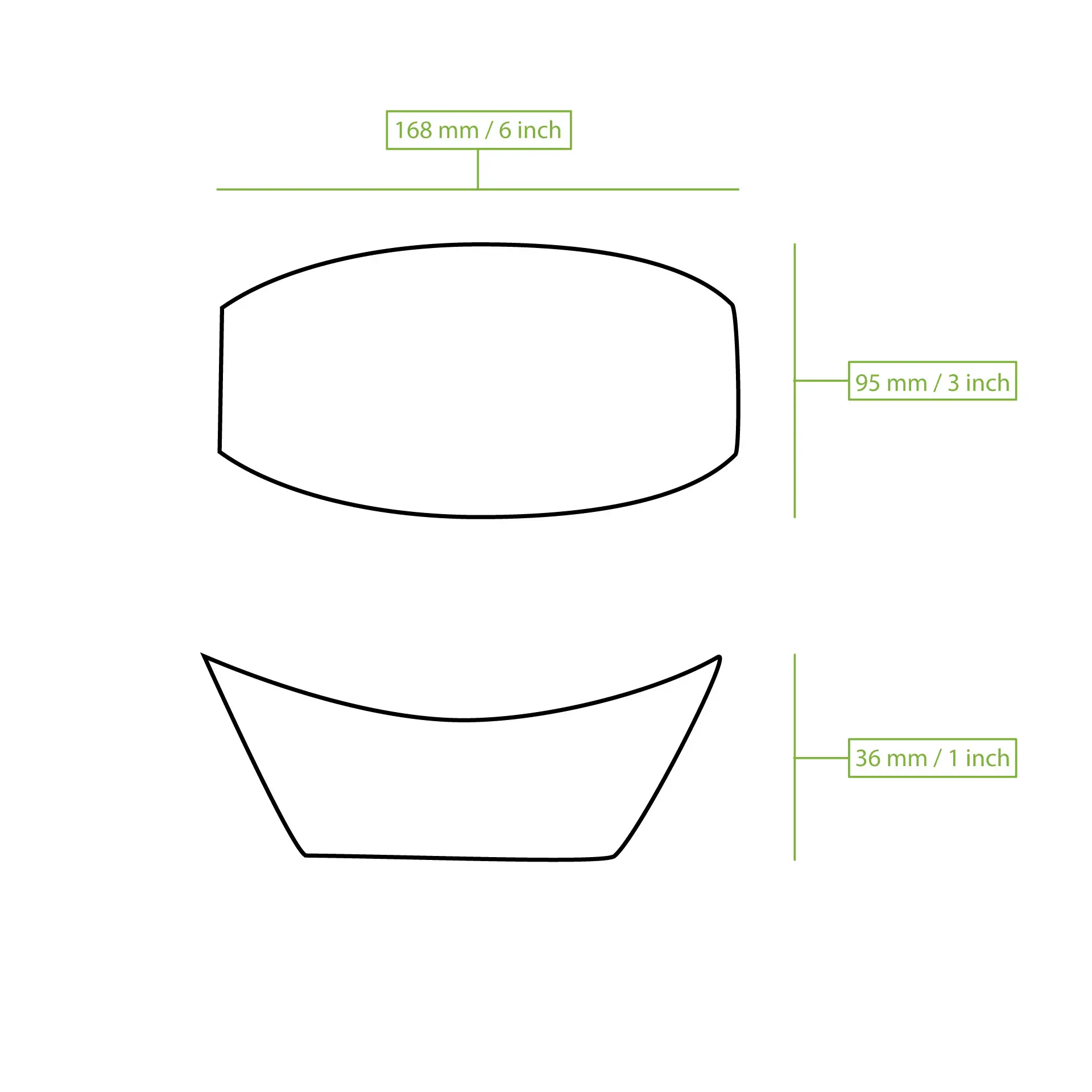 Rysunek konturowy 15 cm drewnianej łódki do serwowania jedzenia, odpowiedniej do podawania zimnych i ciepłych potraw, z oznaczonymi wymiarami.
