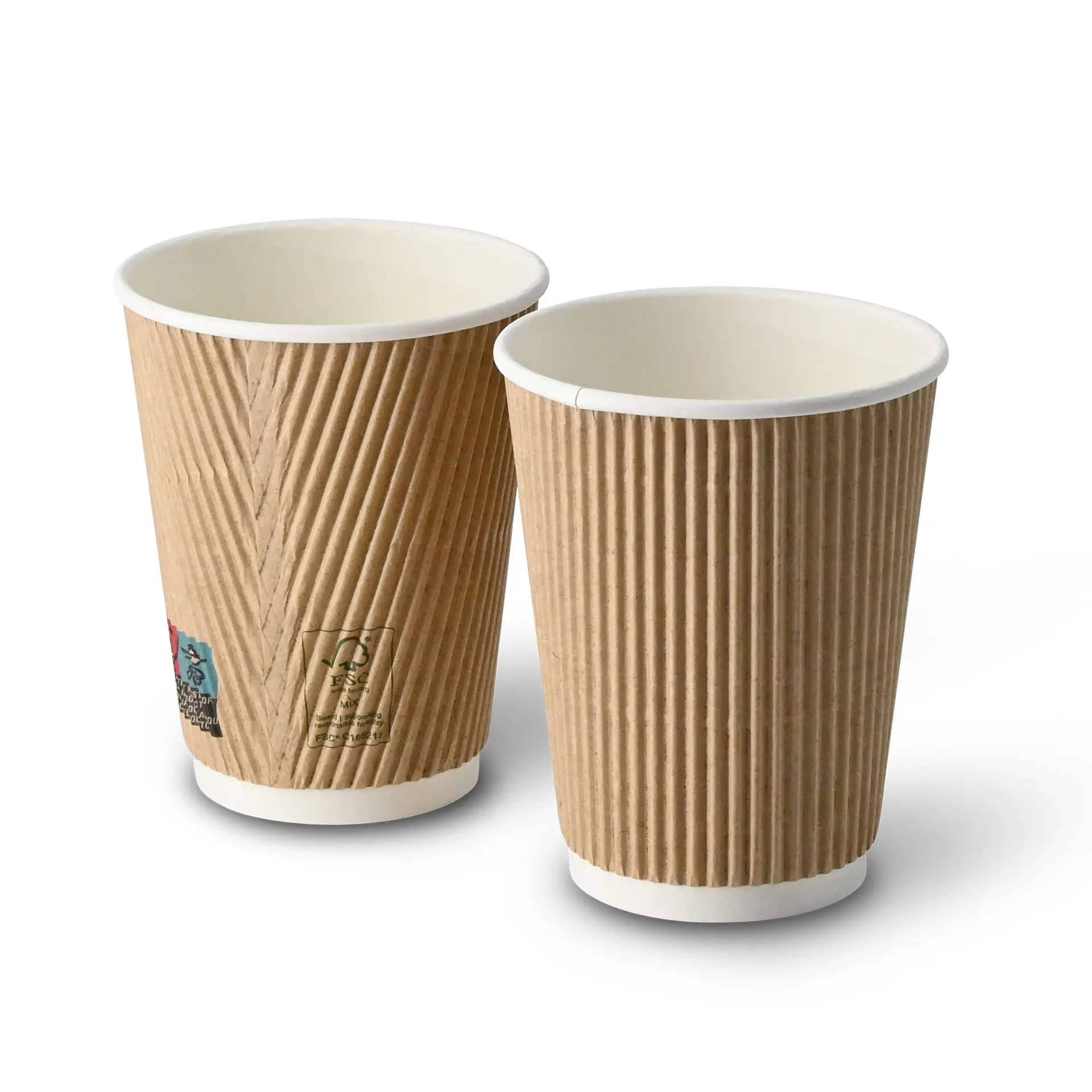 Dwa izolowane kubki o pojemności 12 oz, brązowy zewnętrzny i biały wewnętrzny, odpowiednie do gorących napojów, wyeksponowane razem.