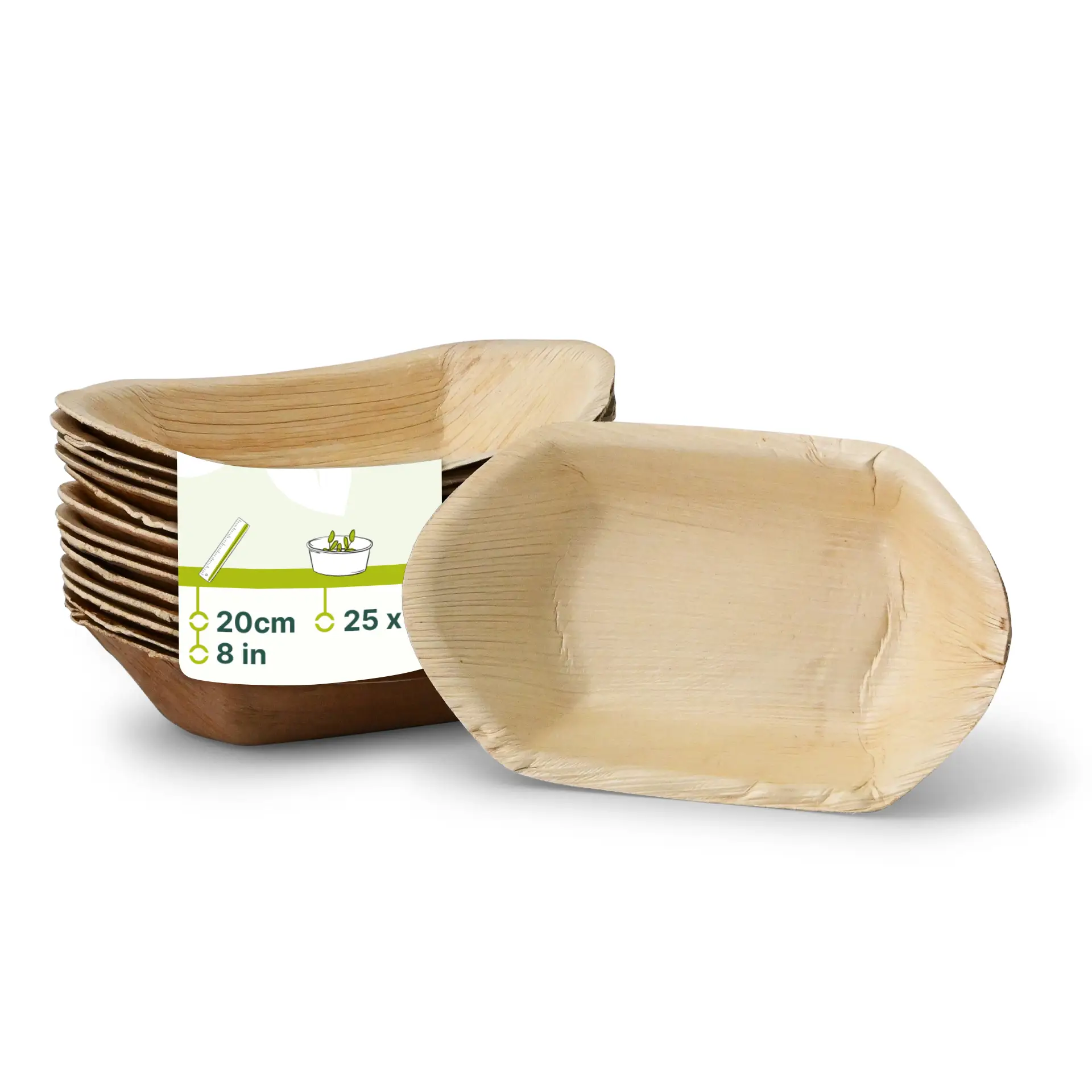 Łodzie z liści palmowych, 20 cm, z naturalnym usłojeniem; projekt do układania pokazany z etykietą dla szczegółów produktu.