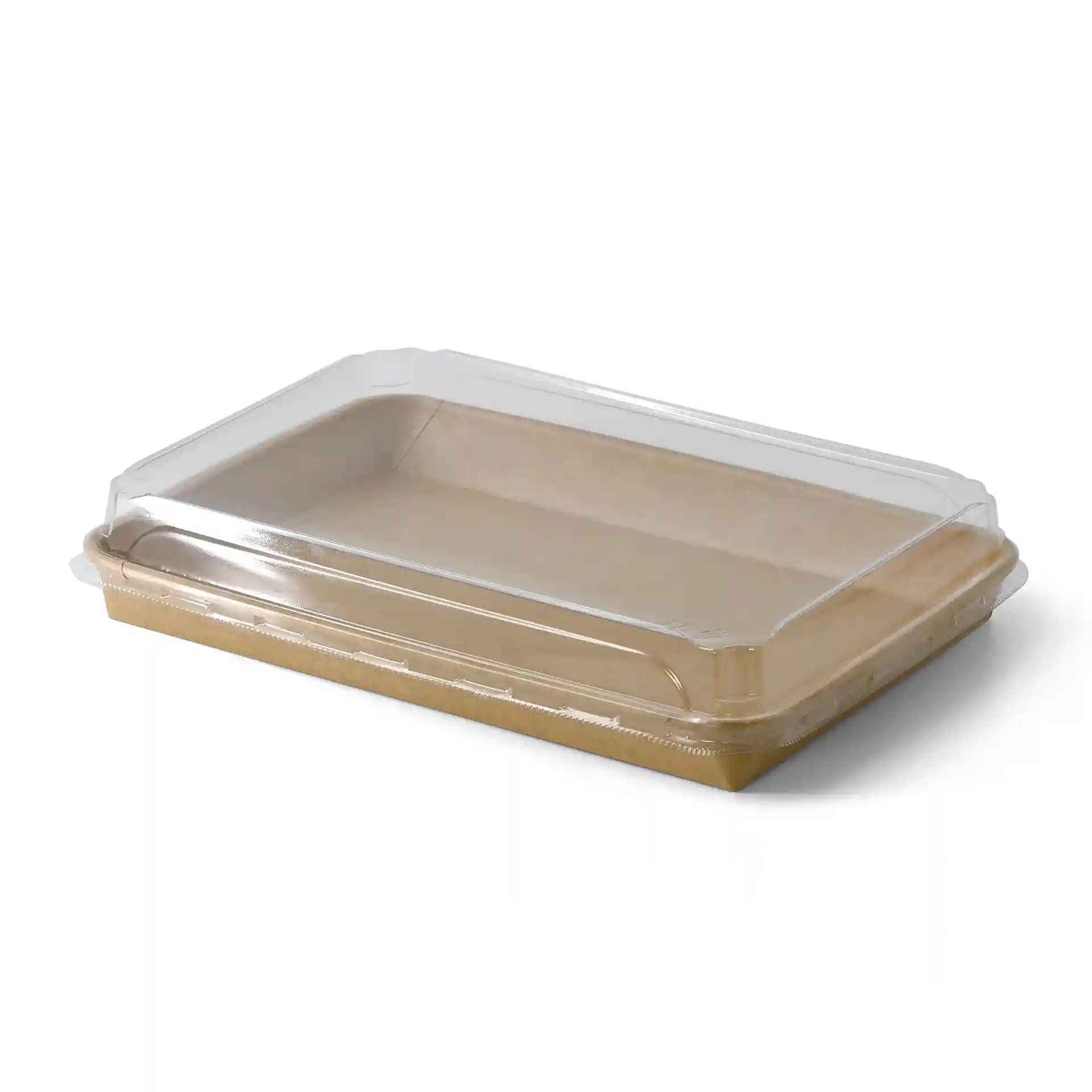 Brąskie pudełko na sushi z przezroczystą pokrywką, 25,5 x 18 x 3 cm, wykonane z materiału pokrytego PE.