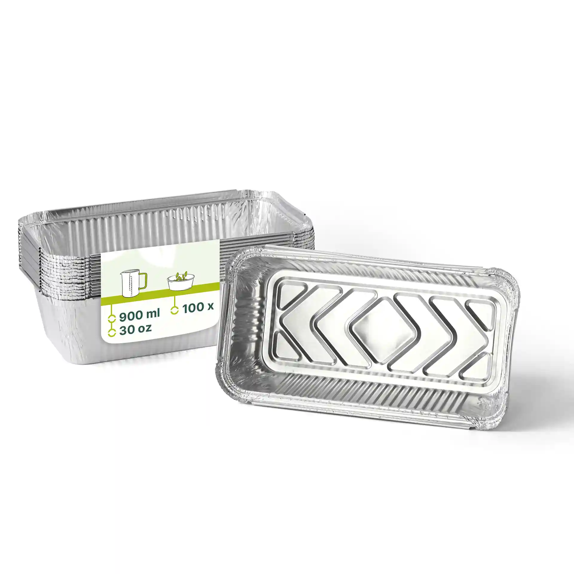 Prostokątny pojemnik aluminiowy, 21,8 x 11,3 x 5,4 cm, o pojemności 900 ml, pokazany z wieloma ułożonymi pojemnikami.