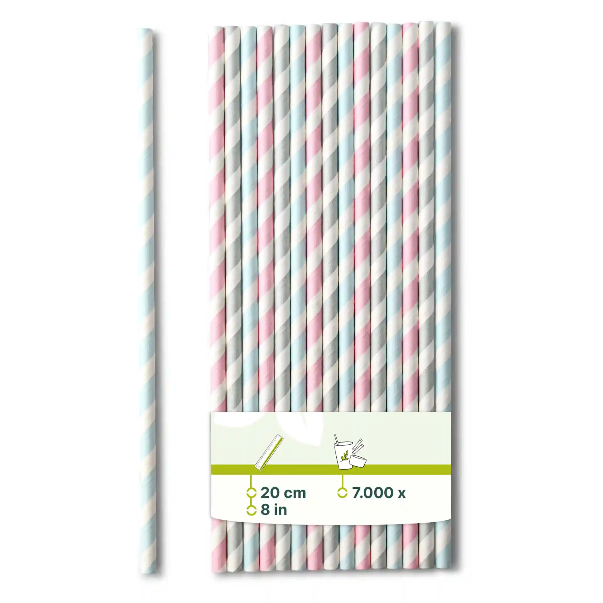Pastelowe papierowe słomki, 20 cm długości i 0,6 cm średnicy, ułożone w pęczek z etykietą.