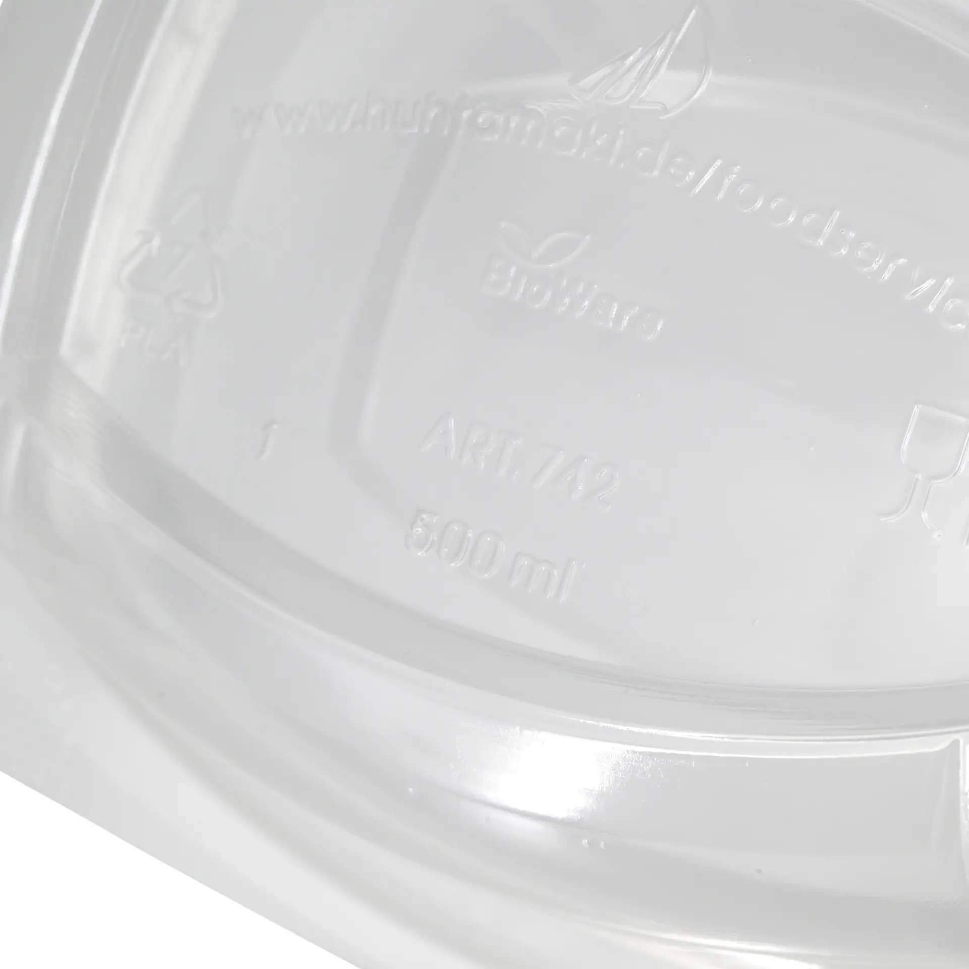 Przezroczysta prostokątna miska PLA z składanym wiekiem, pojemność 500 ml na dania zimne. Biodegradowalna i bez ropy naftowej.