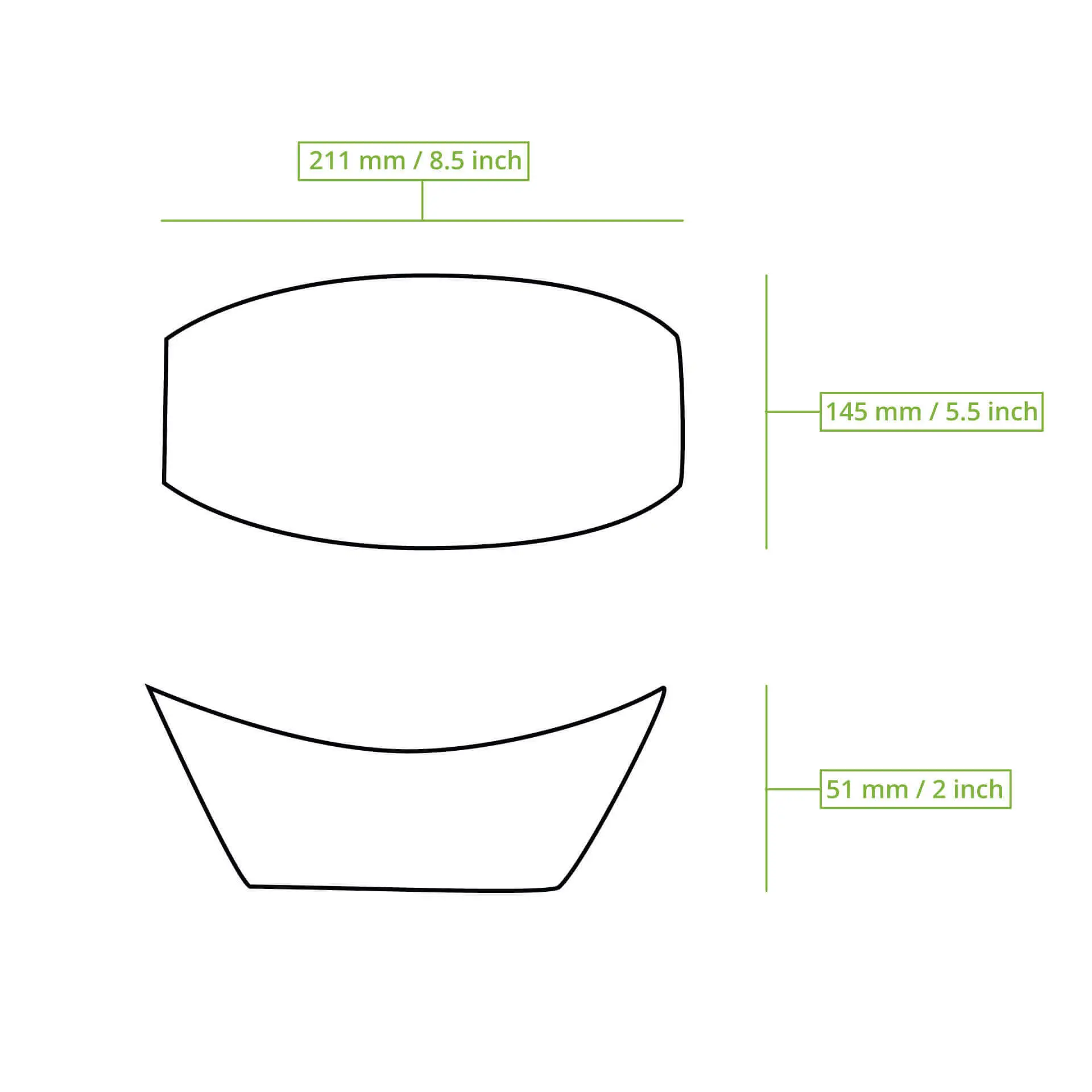 Ilustracja miski na przekąski odpornej na tłuszcz o wymiarach: 211 mm x 145 mm x 51 mm, zaprojektowanej do jedzenia na gorąco i na zimno.