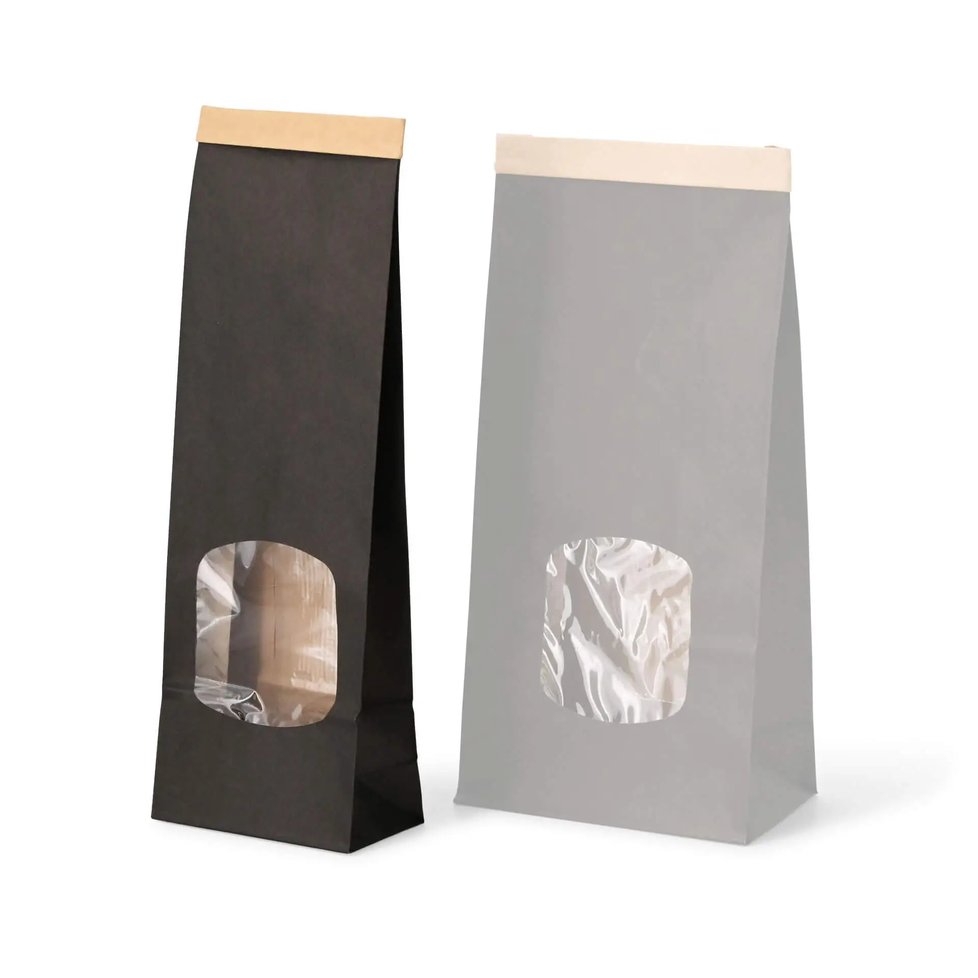 Czarne torby papierowe z dnem blokowym z okienkiem; jedna czarna i jedna przezroczysta, obie z metalowymi zapięciami.