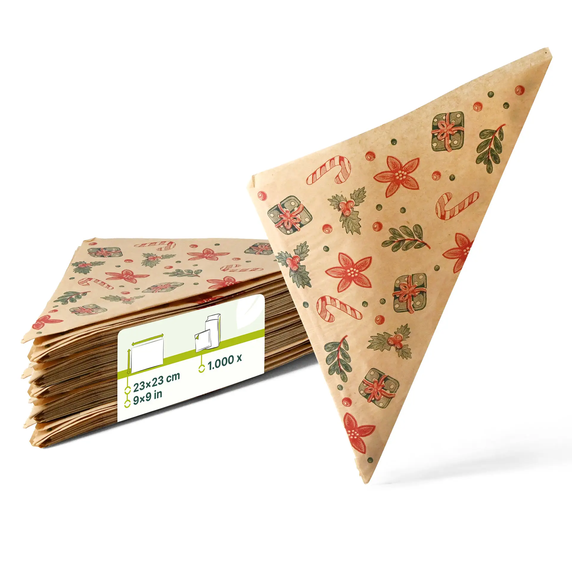Brązowa torba odporna na tłuszcz z zimowym wzorem, o wymiarach 23 x 23 cm, ułożona z kilkoma podobnymi torbami z tyłu.