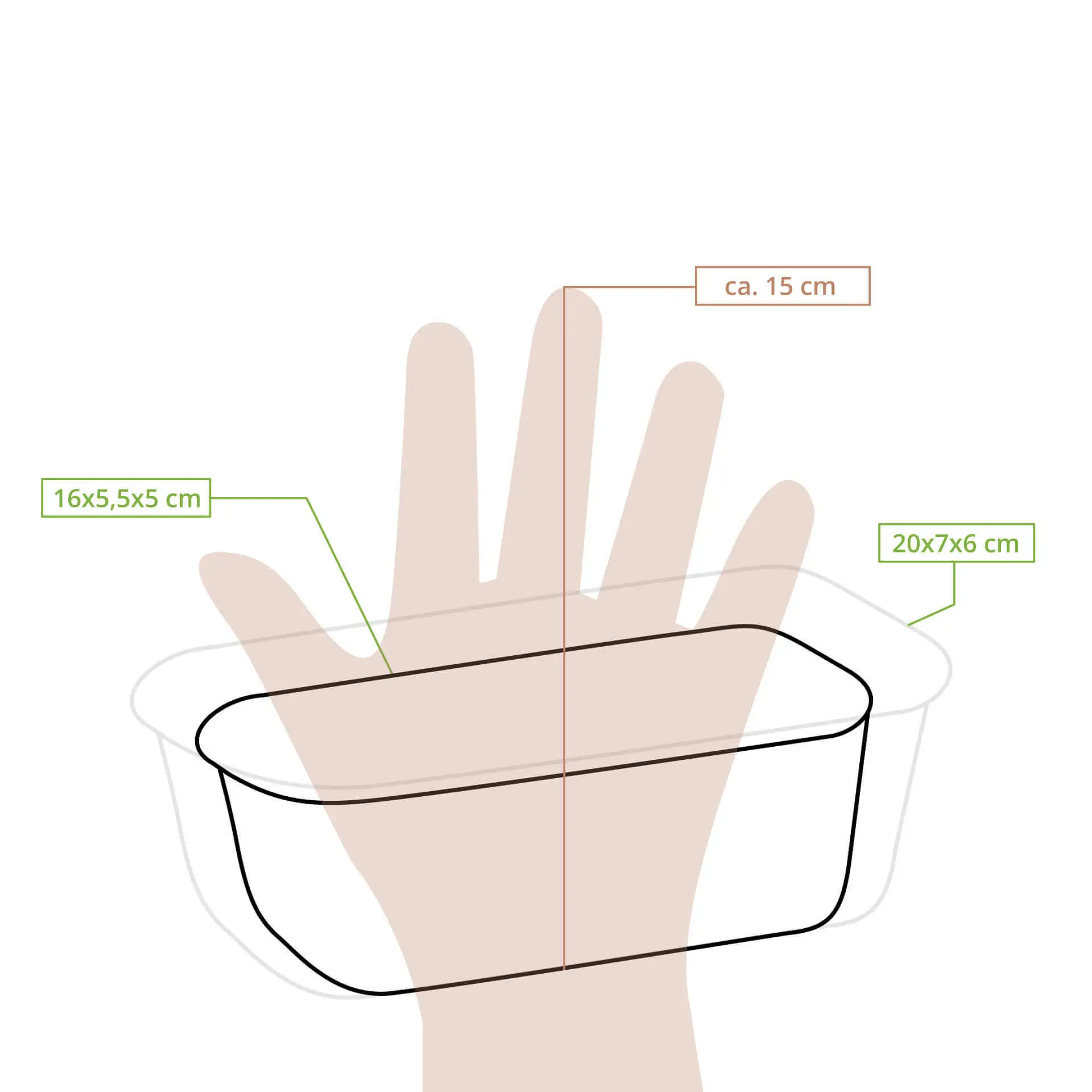 Prostokątny ekologiczny keksownik w kolorze brązowym, 16 x 5,5 x 5 cm, pokazany obok dłoni dla odniesienia rozmiaru.