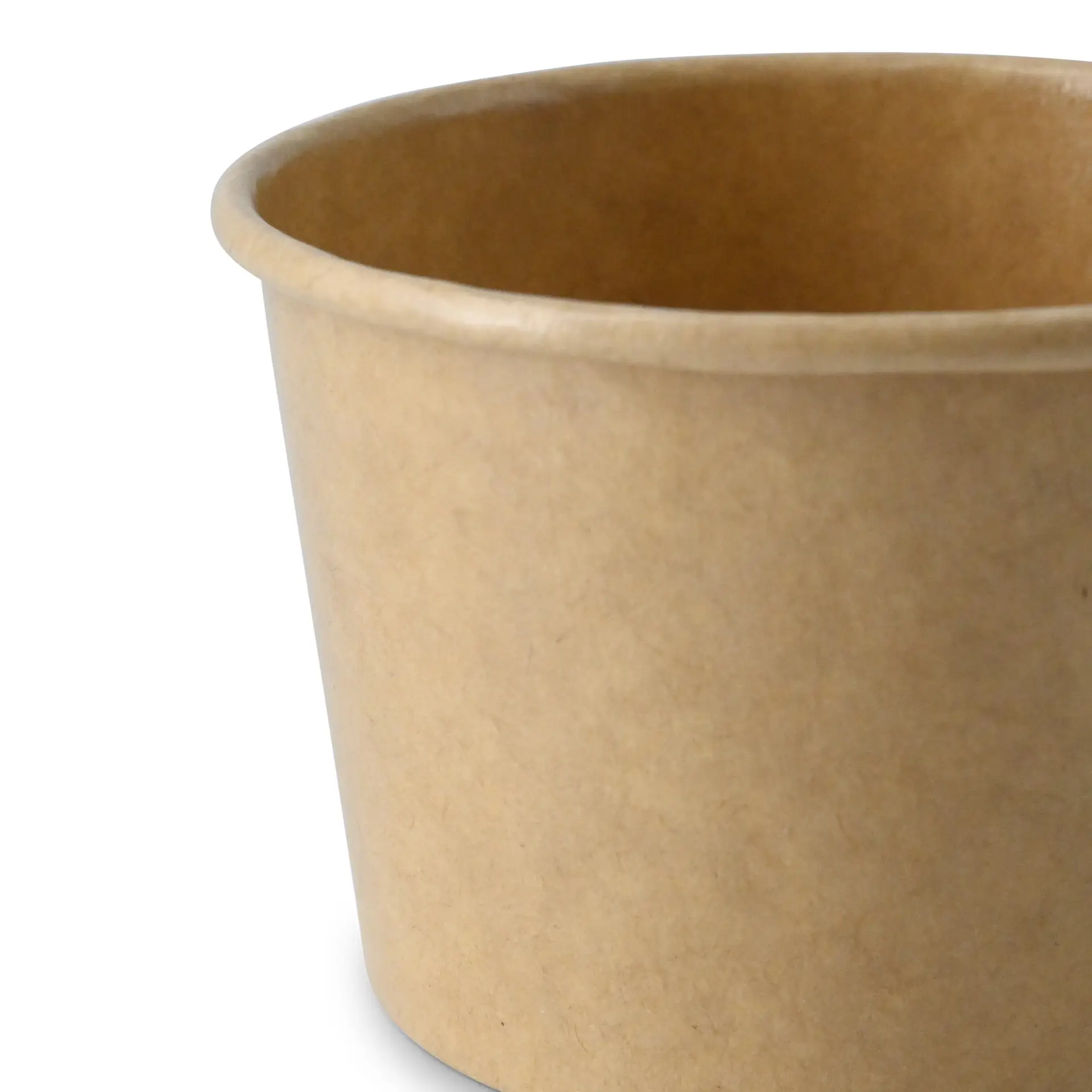 Jedna brązowa papierowa kubek, cylindryczny kształt, pokazany pod kątem z gładką powierzchnią.