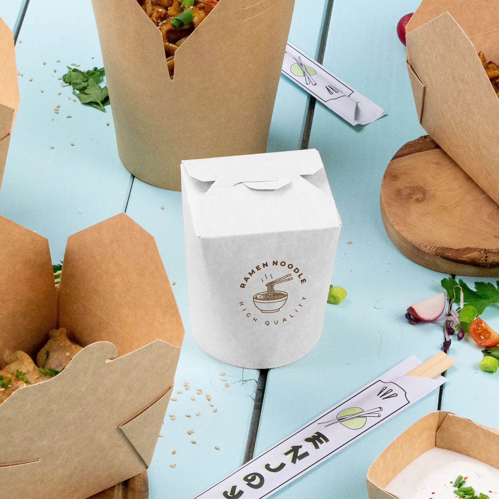 Pudełka na makaron z nadrukiem, 400 ml, biały, powłoka PE