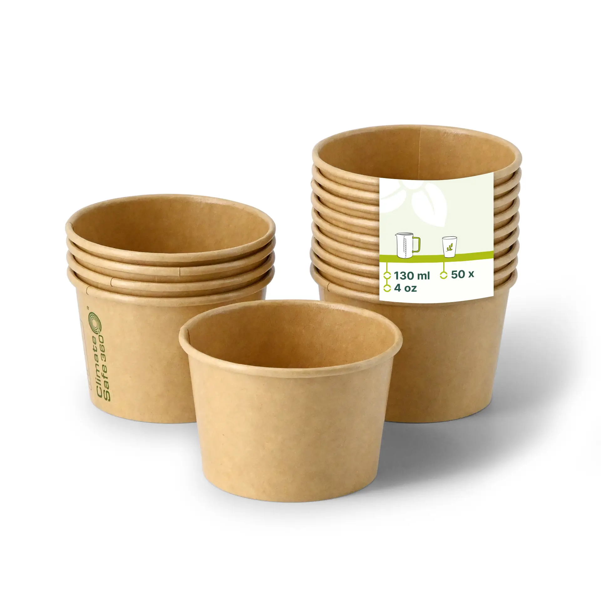Jeden brązowy kubek papierowy na pierwszym planie; kilka podobnych kubków pokazanych z zmniejszoną przezroczystością; etykieta wskazująca rozmiar i ilość.