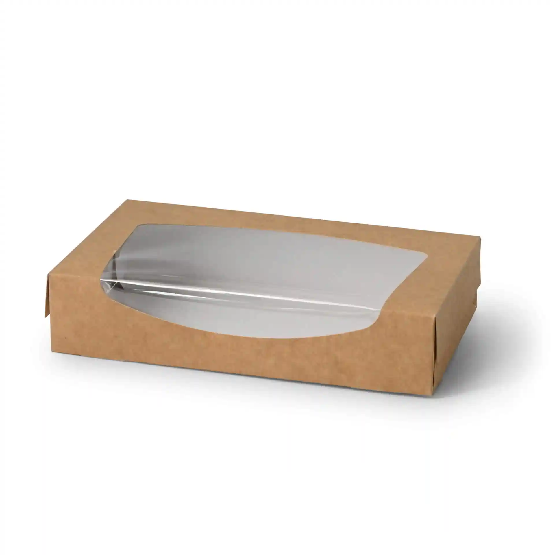 Brąski kartonowy box z przezroczystą plastikową pokrywą, wymiary 20 x 12 x 4 cm.