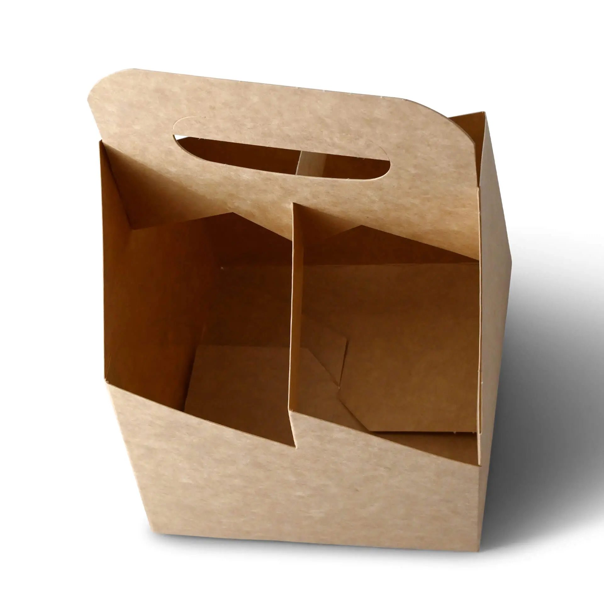 Składany brązowy kartonowy nośnik butelek z uchwytem, zaprojektowany dla 2-4 butelek; odpowiedni do różnych napojów.