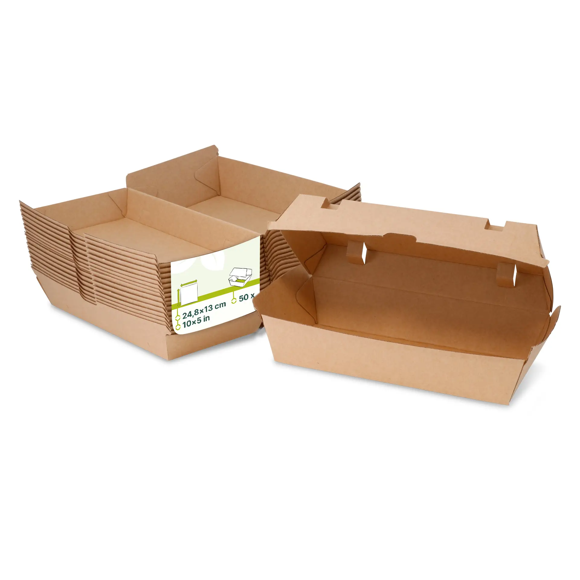 Solidne brązowe pudełka żywnościowe z tektury kraft z zawiasowymi wiekami; odpowiednie do dań na ciepło i zimno; 24,8 x 13 x 7,5 cm.