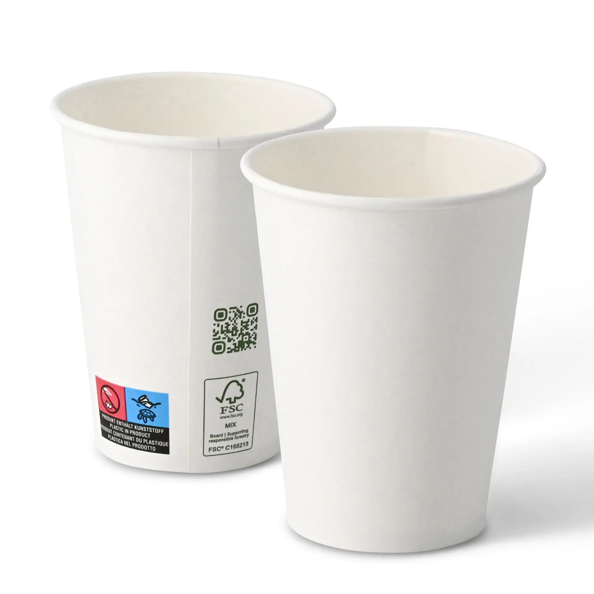 Białe kubki, pojemność 300 ml, jednolita ścianka, o średnicy 90 mm, pokazane z różnych kątów.