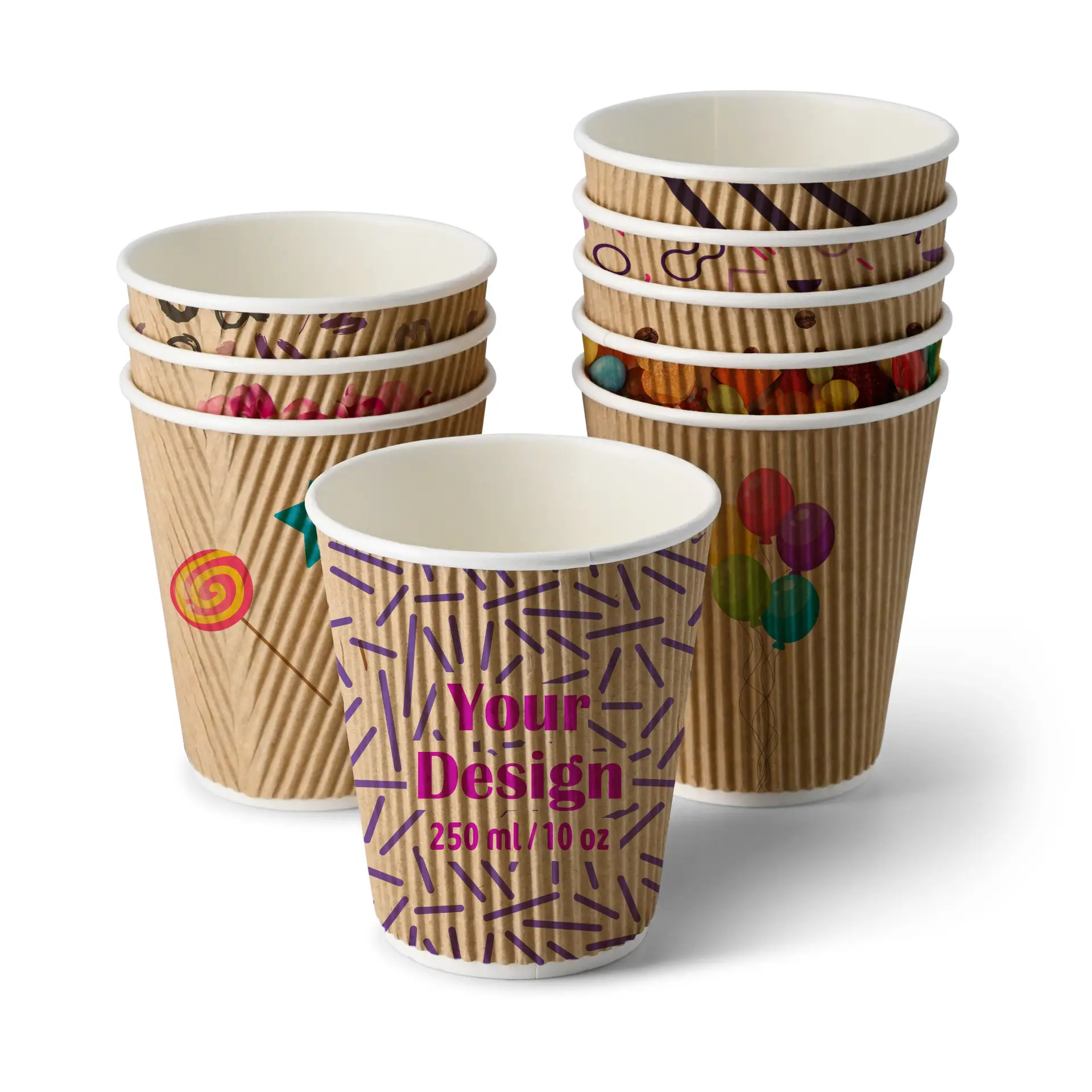 Riffelbecher bedruckt, 250 ml / 10 oz, braun / weiß, PE-beschichtung