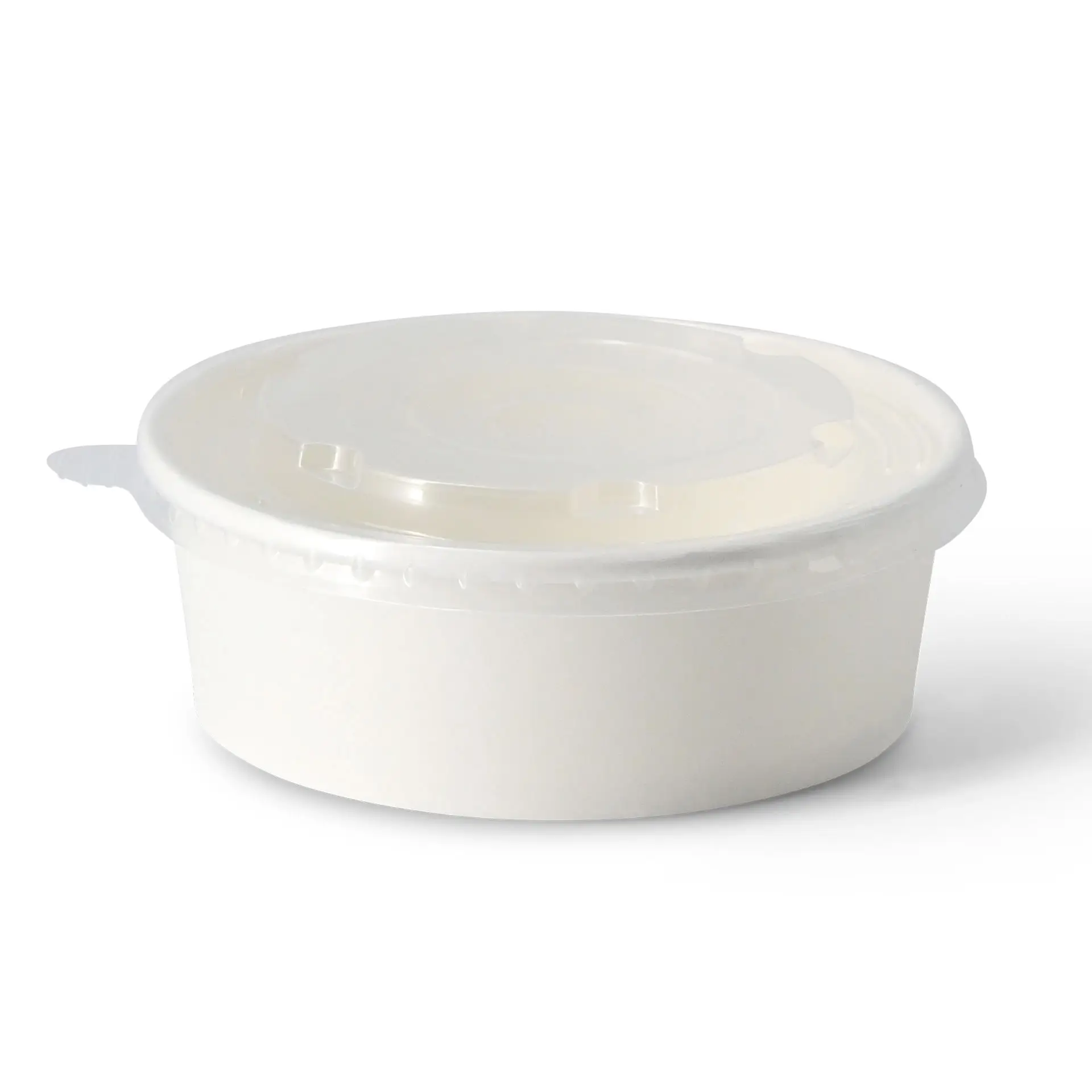 Jedna biała, okrągła miska papierowa z pokrywką PE, odpowiednia do 400 ml gorących lub zimnych potraw.