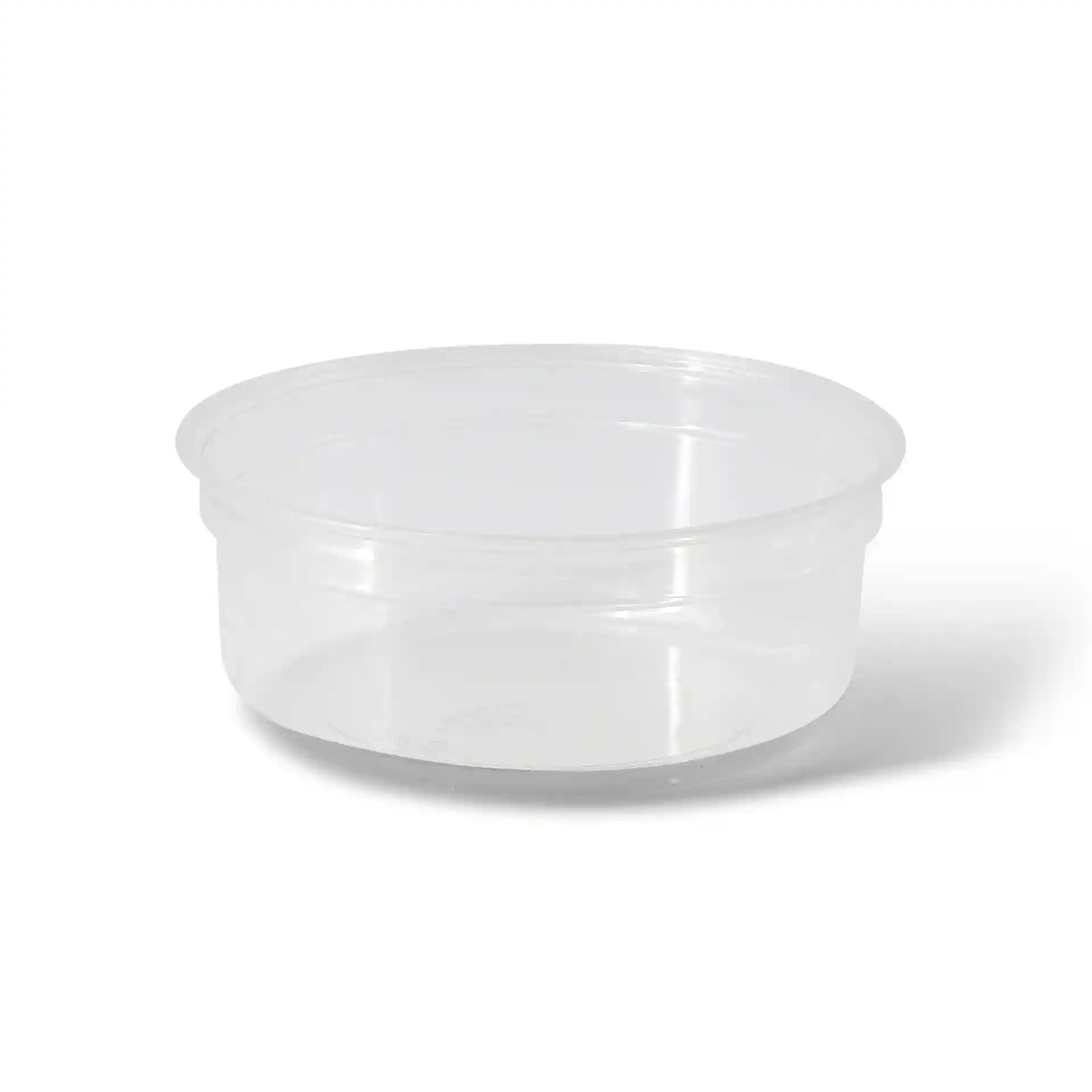 Przezroczysty okrągły pojemnik deli o pojemności 250 ml i średnicy 117 mm.