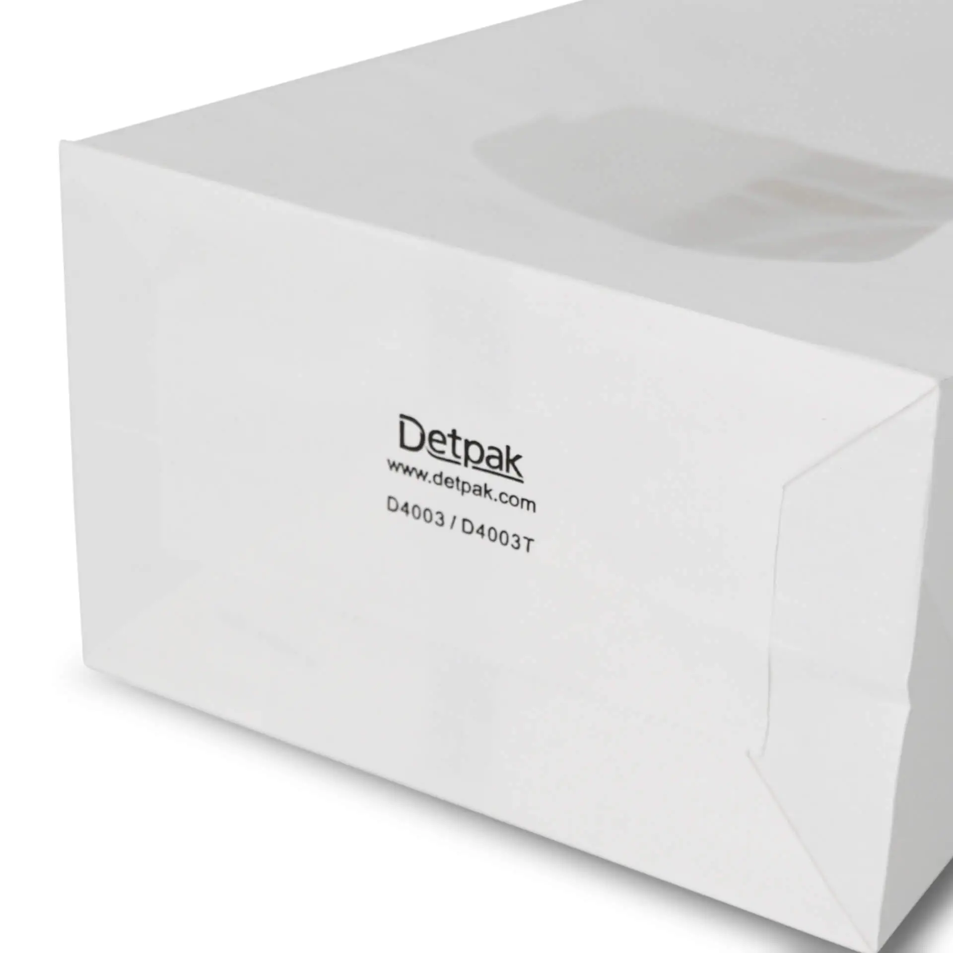 Biała torba papierowa z blokowym dnem i oknem, z logo Detpak i kodem produktu.