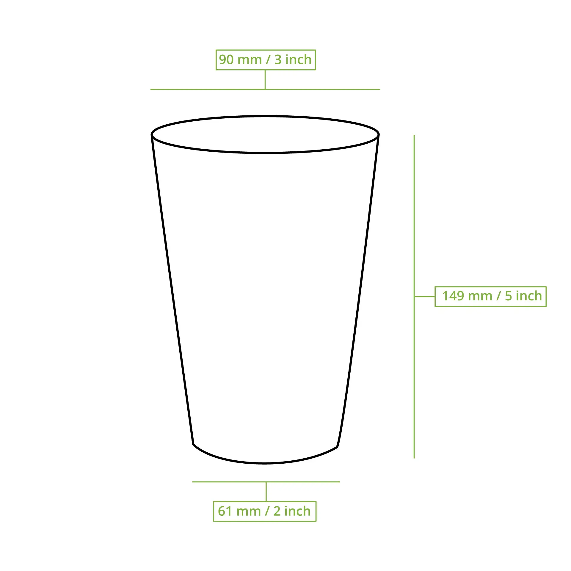 Brązowy jednowarstwowy kubek papierowy, pojemność 500 ml z powłoką PLA, wymiary 90 mm średnicy i 149 mm wysokości.