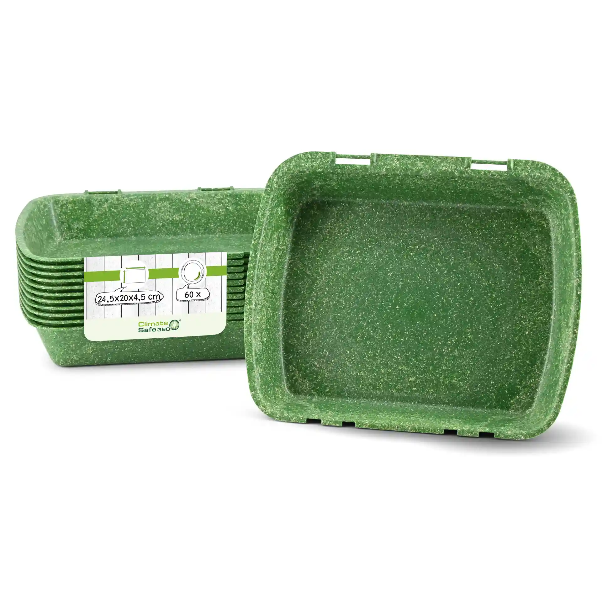 Prostokątny zielony pojemnik na menu wielokrotnego użytku, 24,5 x 20 x 4,5 cm, z etykietą z wymiarami i ilością.