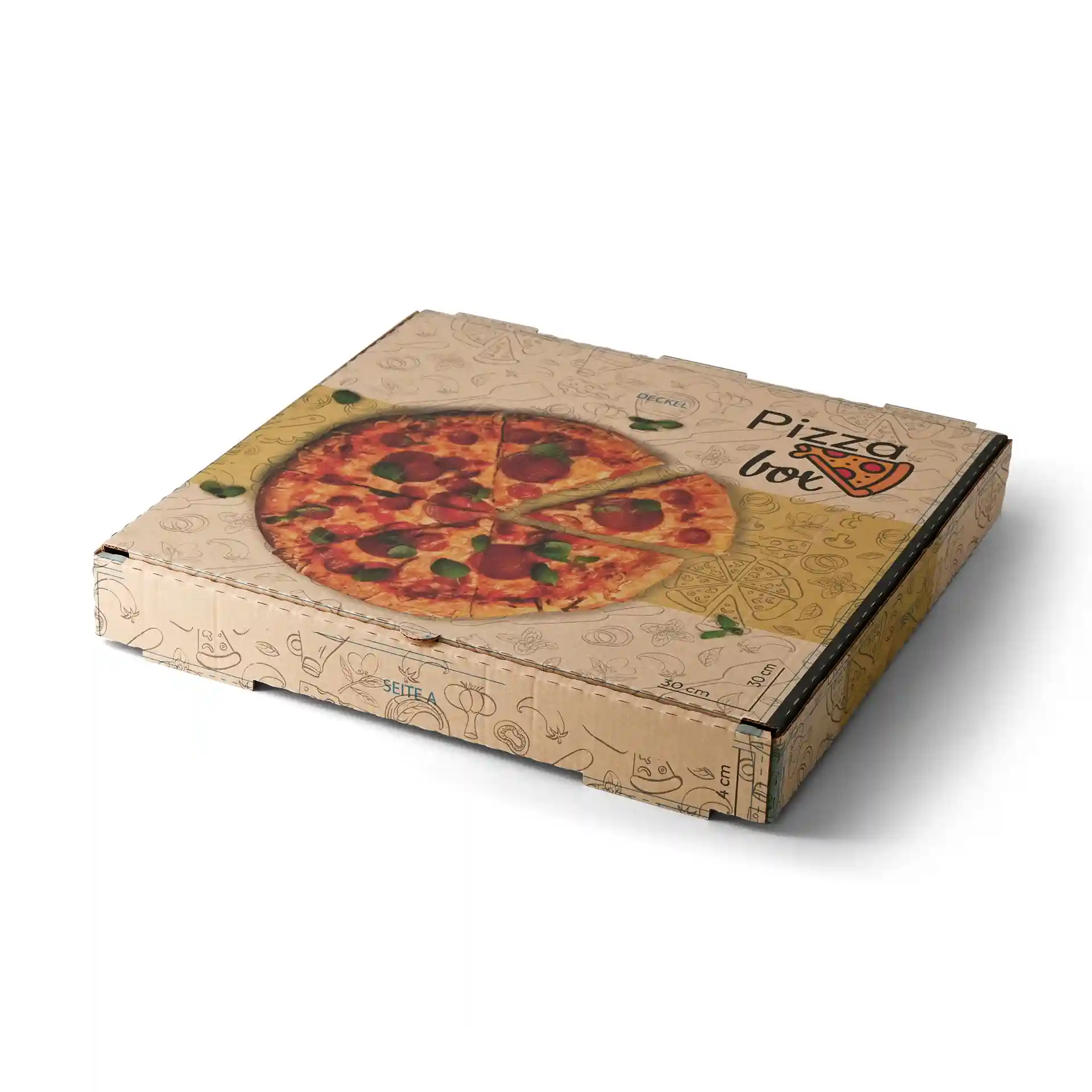 Brąskie pudełko na pizzę z grafiką pizzy na górze, o wymiarach 30 x 30 x 4 cm, z różnymi ilustracjami jedzenia.