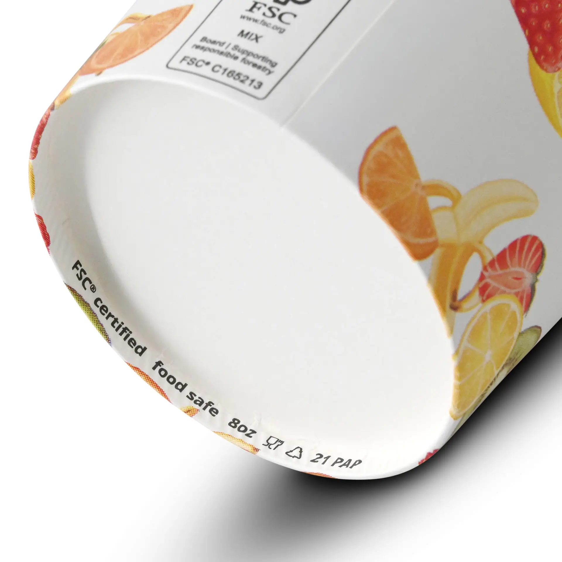 Papierowy kubek na lody z nadrukiem owoców, przeznaczony do jedzenia na ciepło i zimno, o pojemności 240 ml.