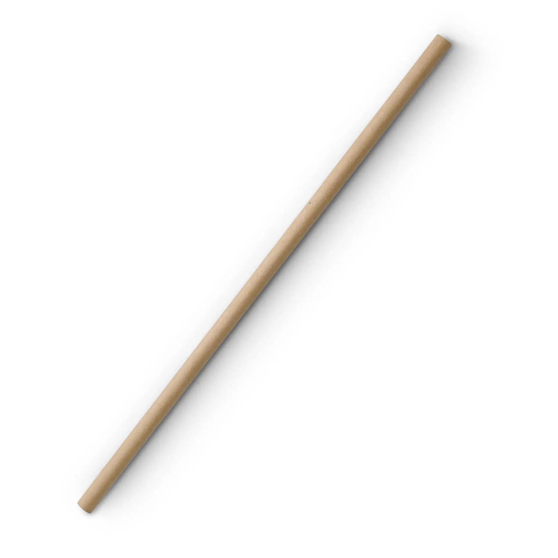 Brunowa biodegradowalna słomka papierowa, długość 20 cm, średnica 0,6 cm, pokazana na białym tle.