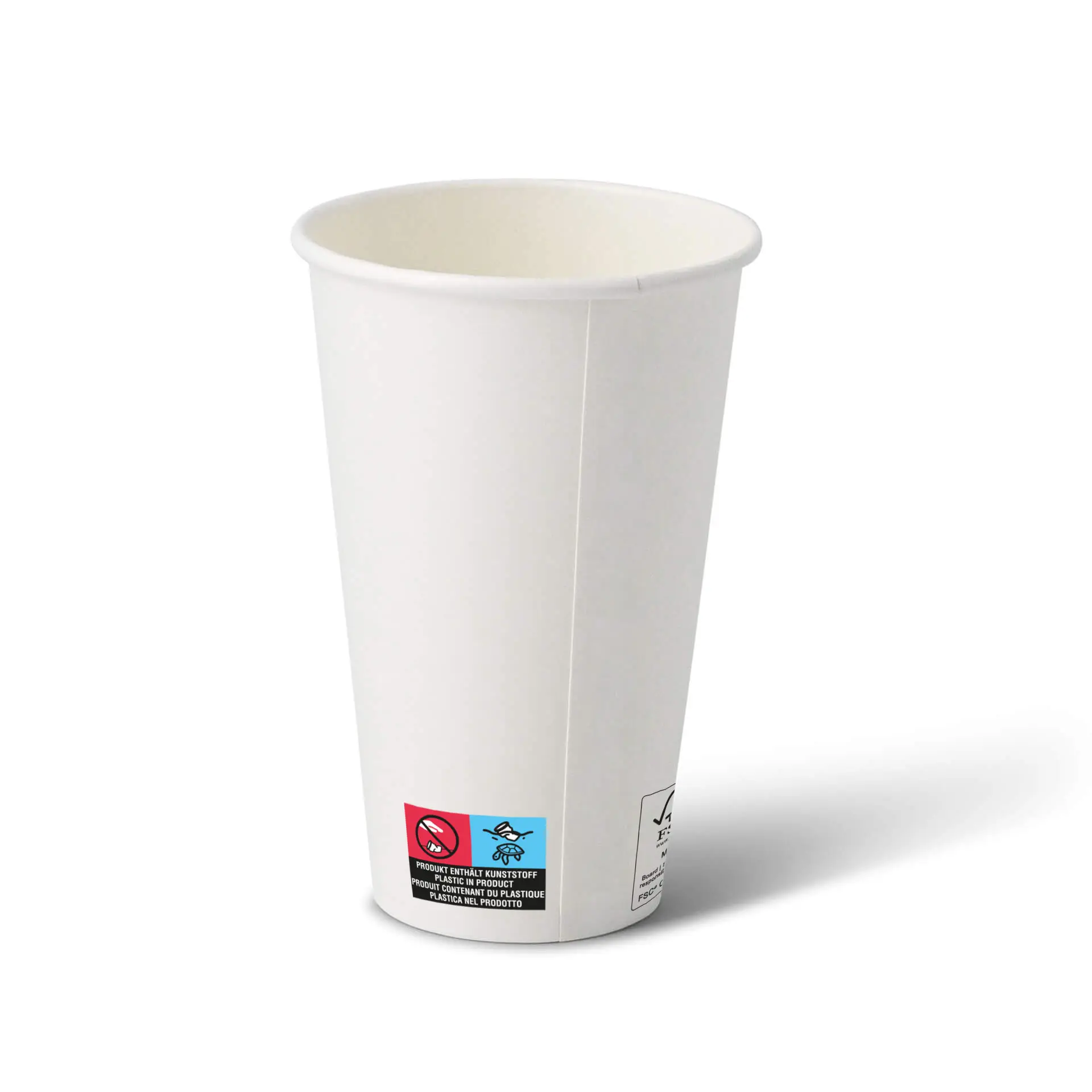 Biały papierowy kubek 16 oz o okrągłym kształcie i pokrytej powierzchni, z etykietami na dnie.